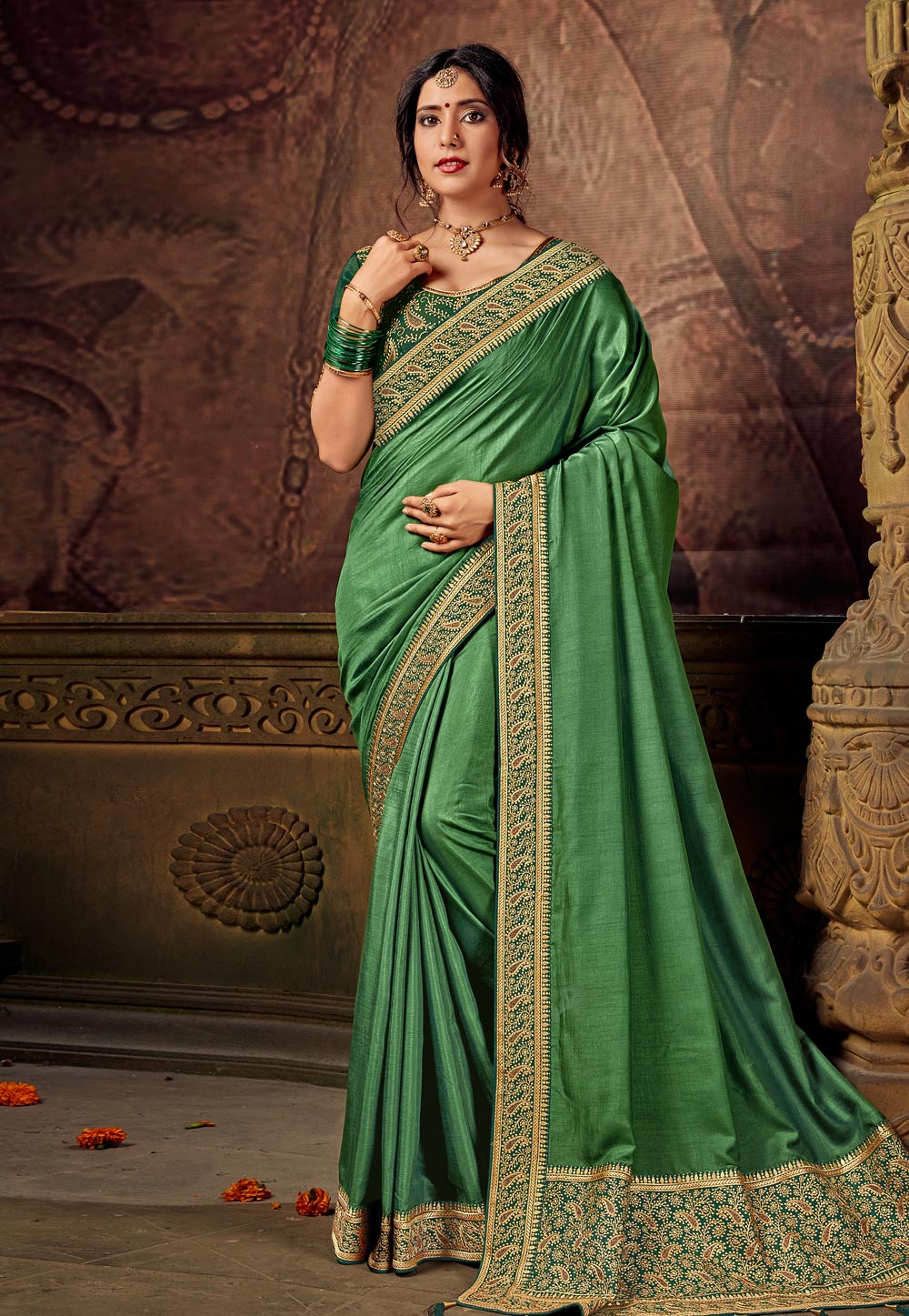 Green Silk Saree With Blouse 219604