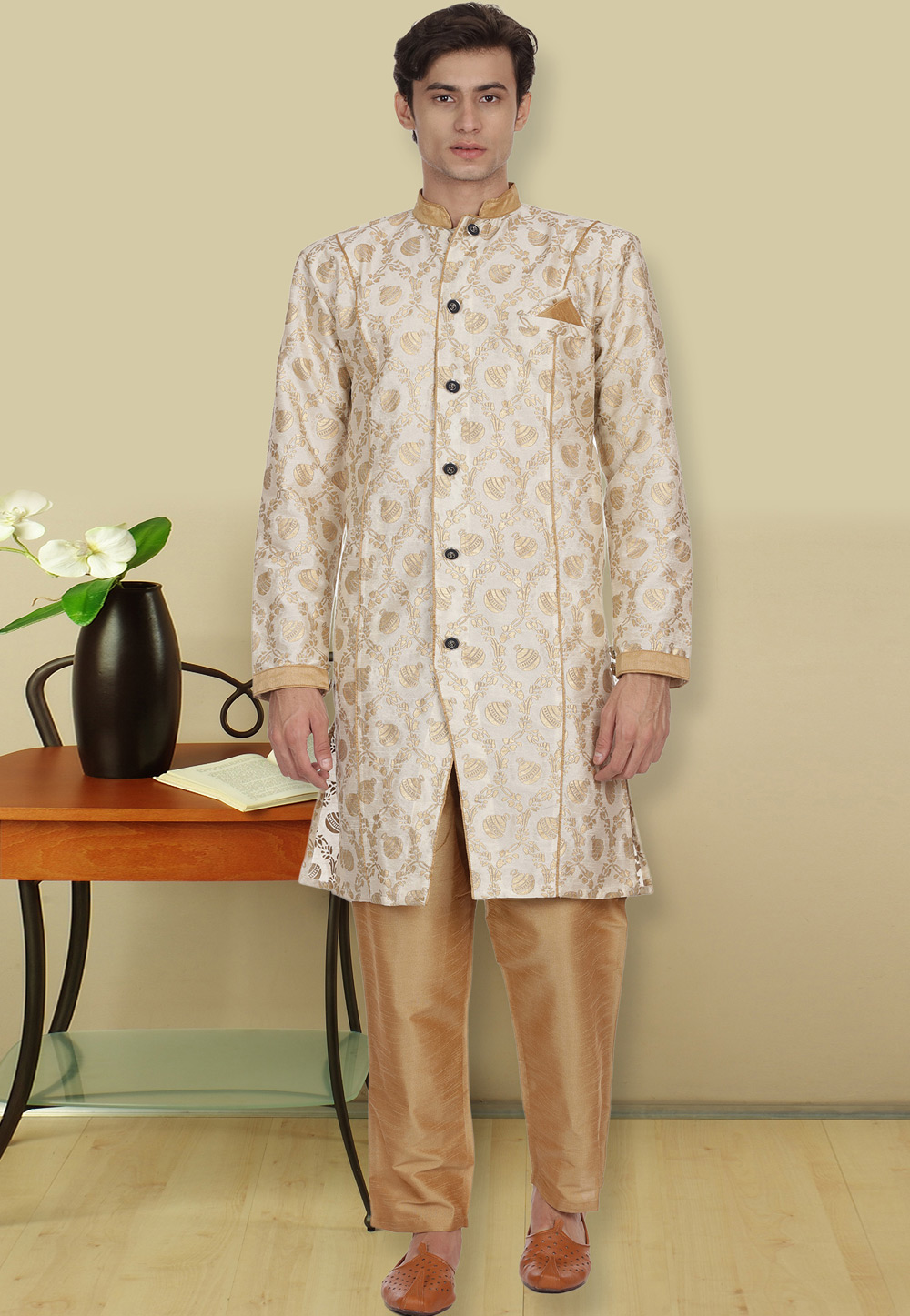 Off White Dupion Silk Readymade Indo Western Suit 175904