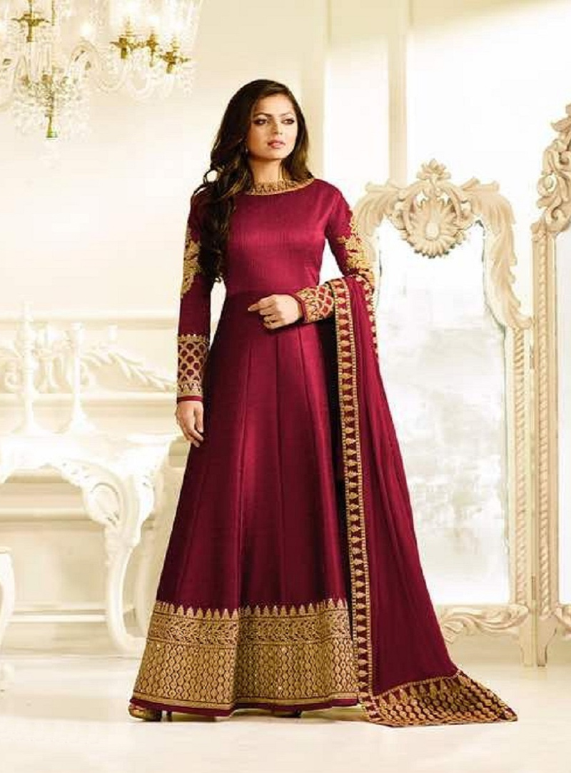 Drashti Dhami Maroon Silk Floor Length Anarkali Suit 96355
