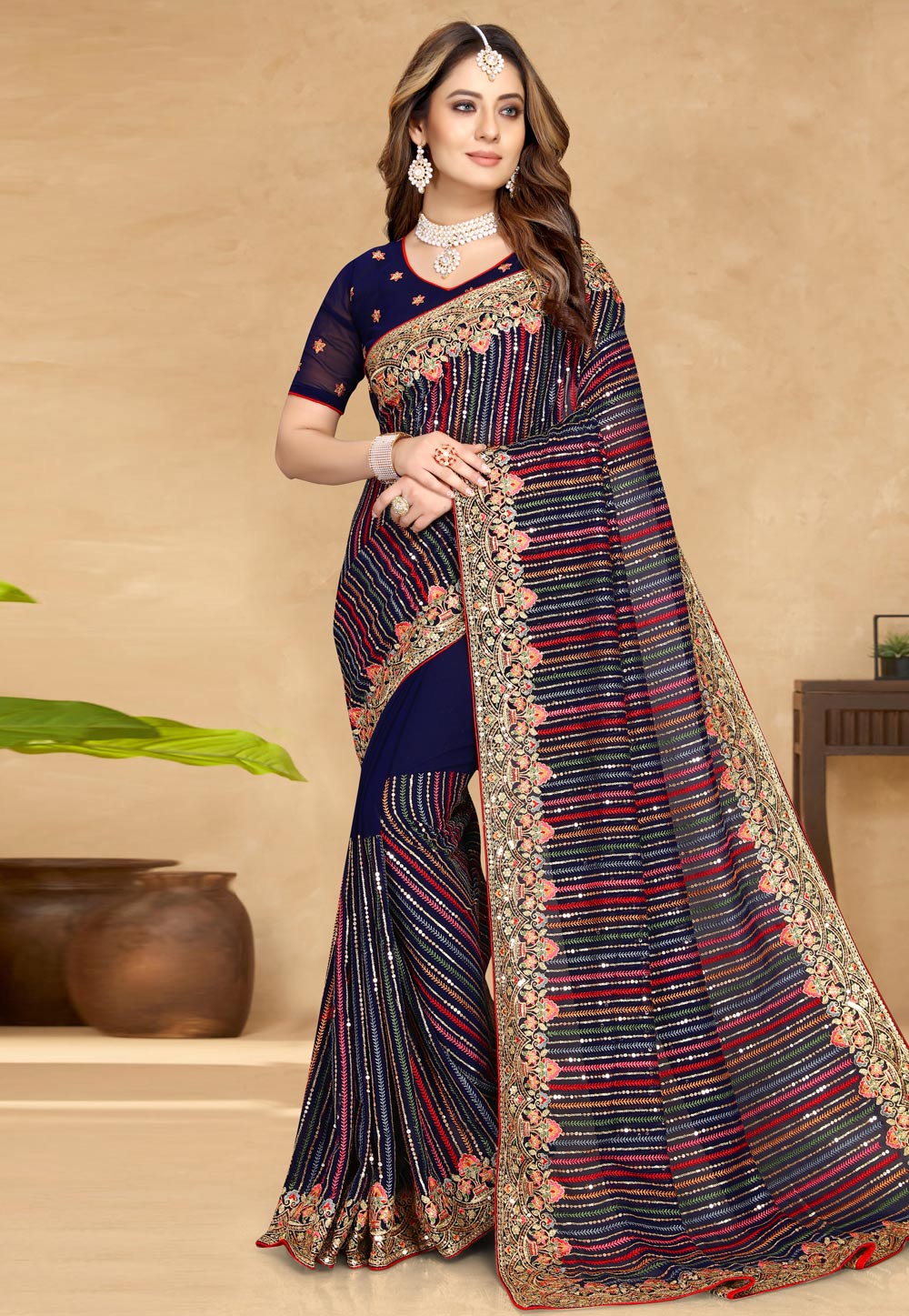 Navy Blue Georgette Saree With Blouse 249521