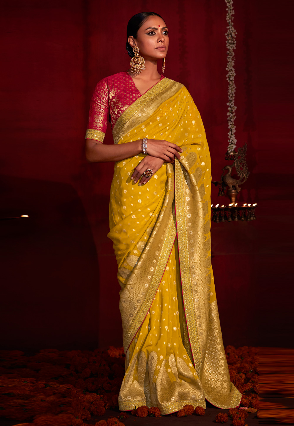 Yellow Woven Cotton Silk Banarasi Saree with Sequins Work - Urban Womania