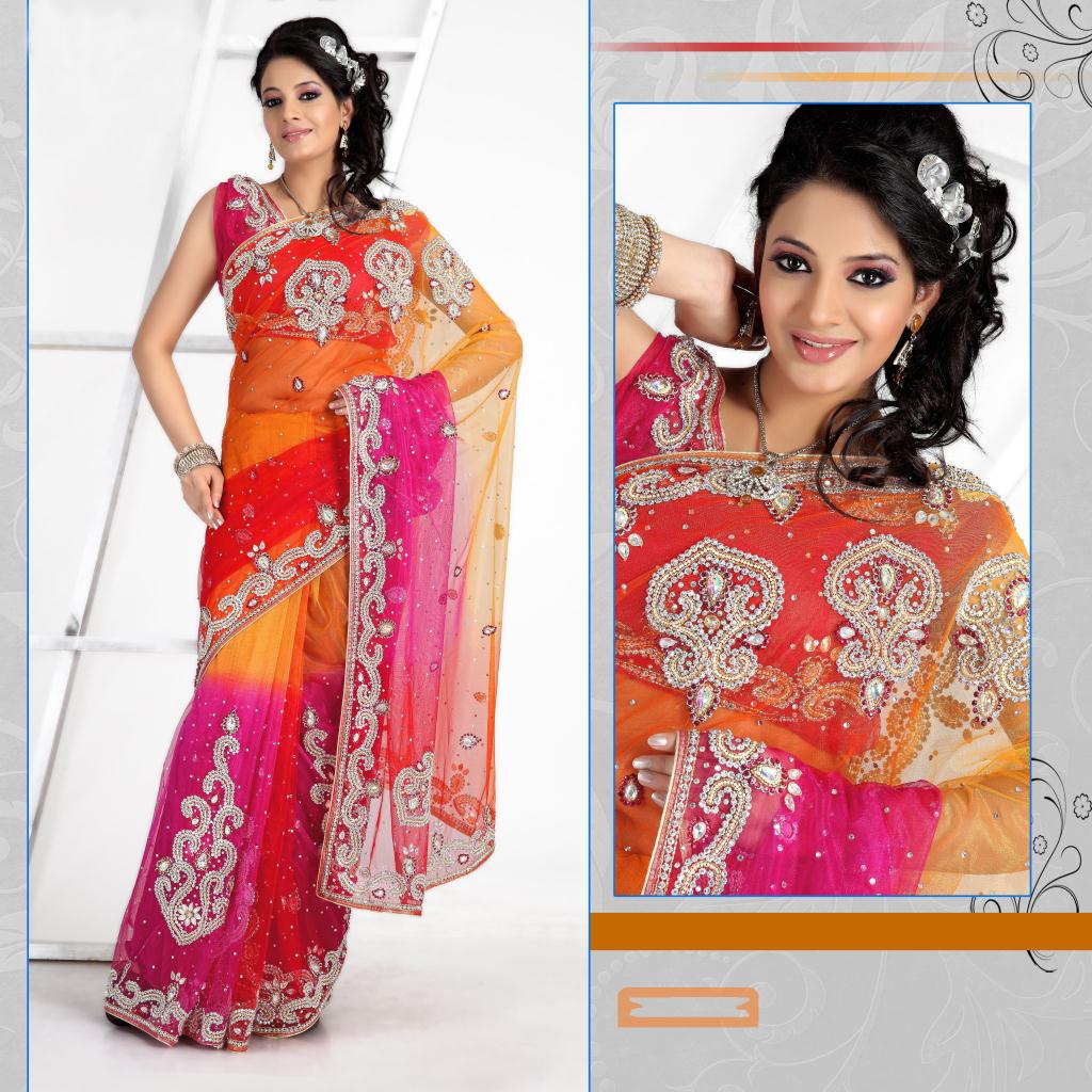 Orange and Pink Diamond Work Wedding Saree 23842