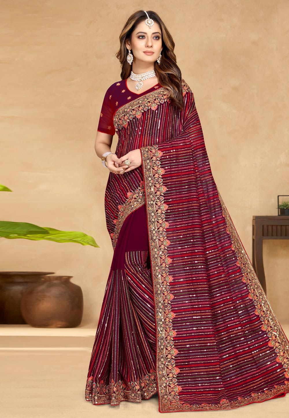 Maroon Georgette Saree With Blouse 249524