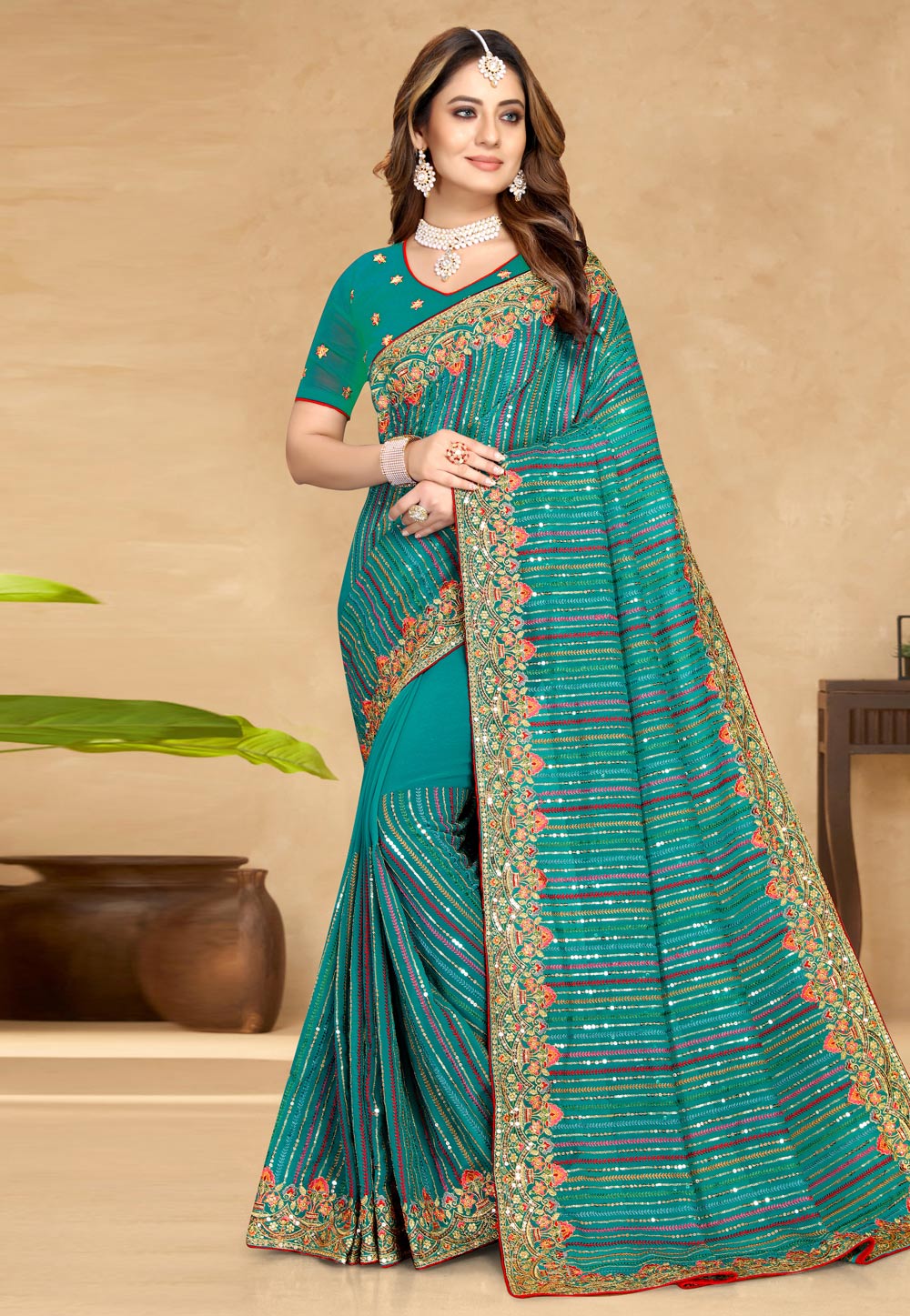 Turquoise Georgette Saree With Blouse 249525
