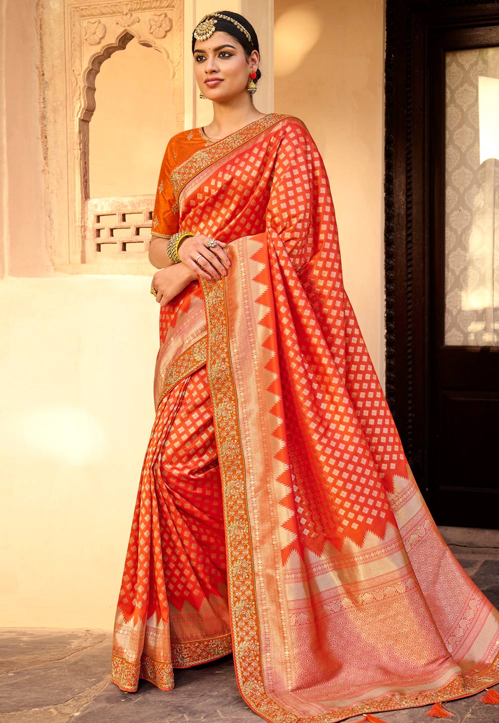Orange Banarasi Silk Festival Wear Saree 236394