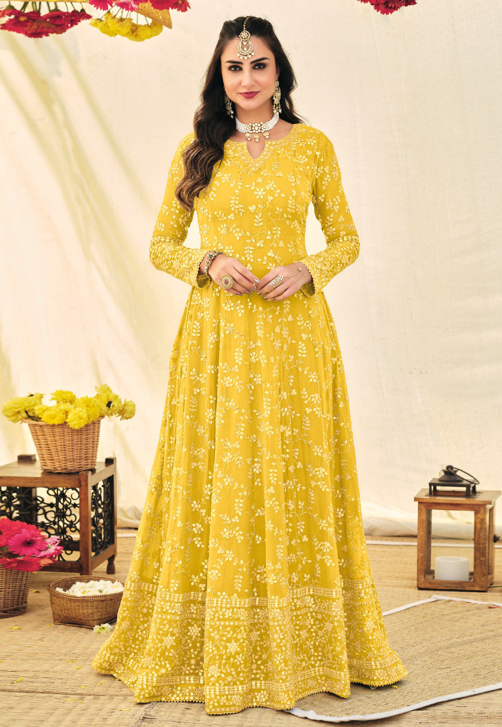 Yellow Georgette Abaya Style Anarkali Suit 245189