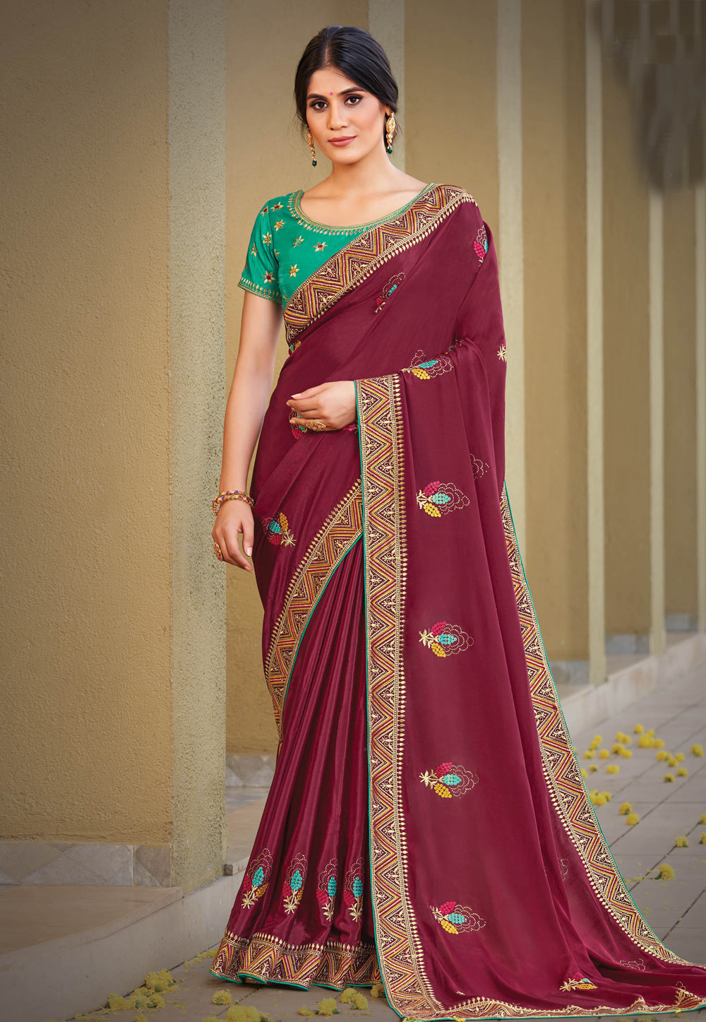 Wine Silk Georgette Festival Wear Saree 240181