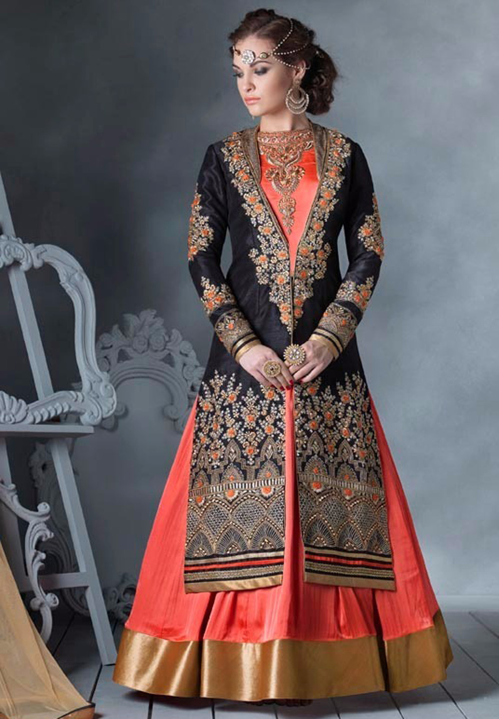 Peach Faux Georgette Indo Western Anarkali Suit With Jacket 57561