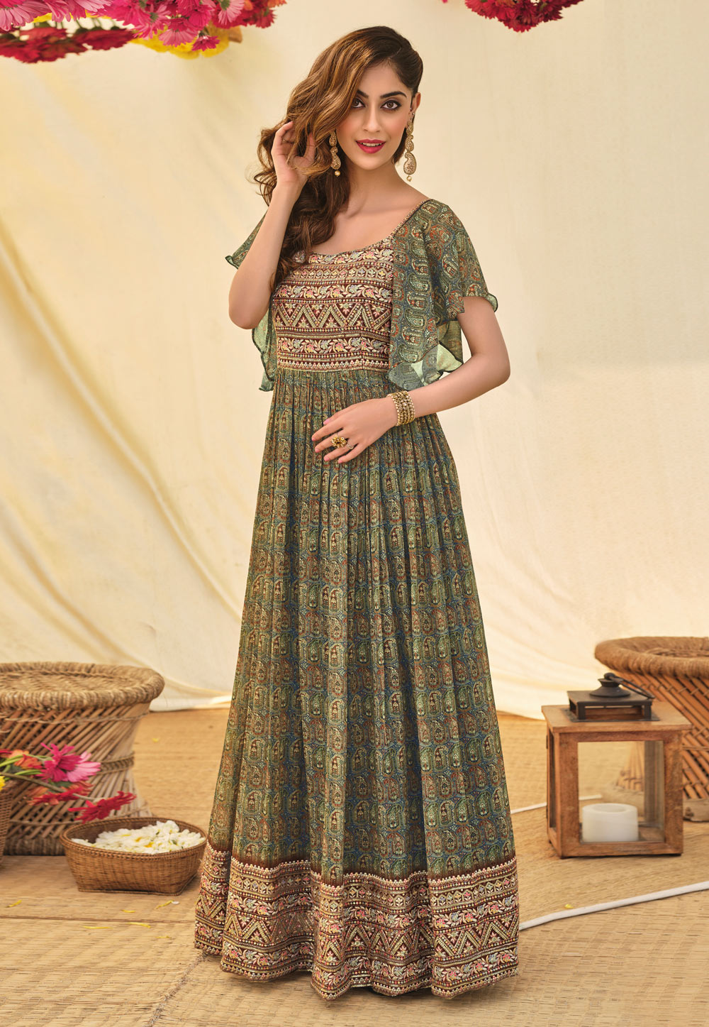 Green Georgette Printed Gown 247730