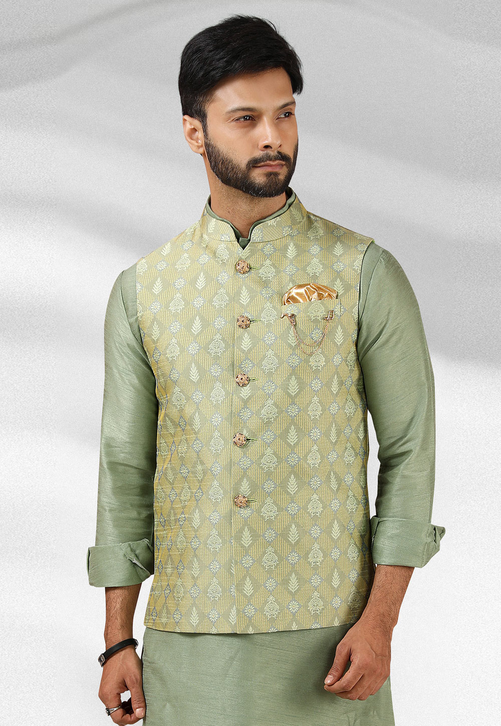 Shop Light Green Cotton Jacquard Nehru Jacket Online at Best Price | Cbazaar