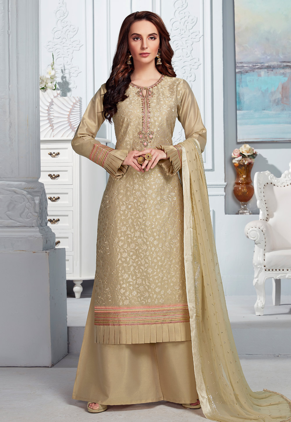 Beige Tissue Readymade Palazzo Suit 204270