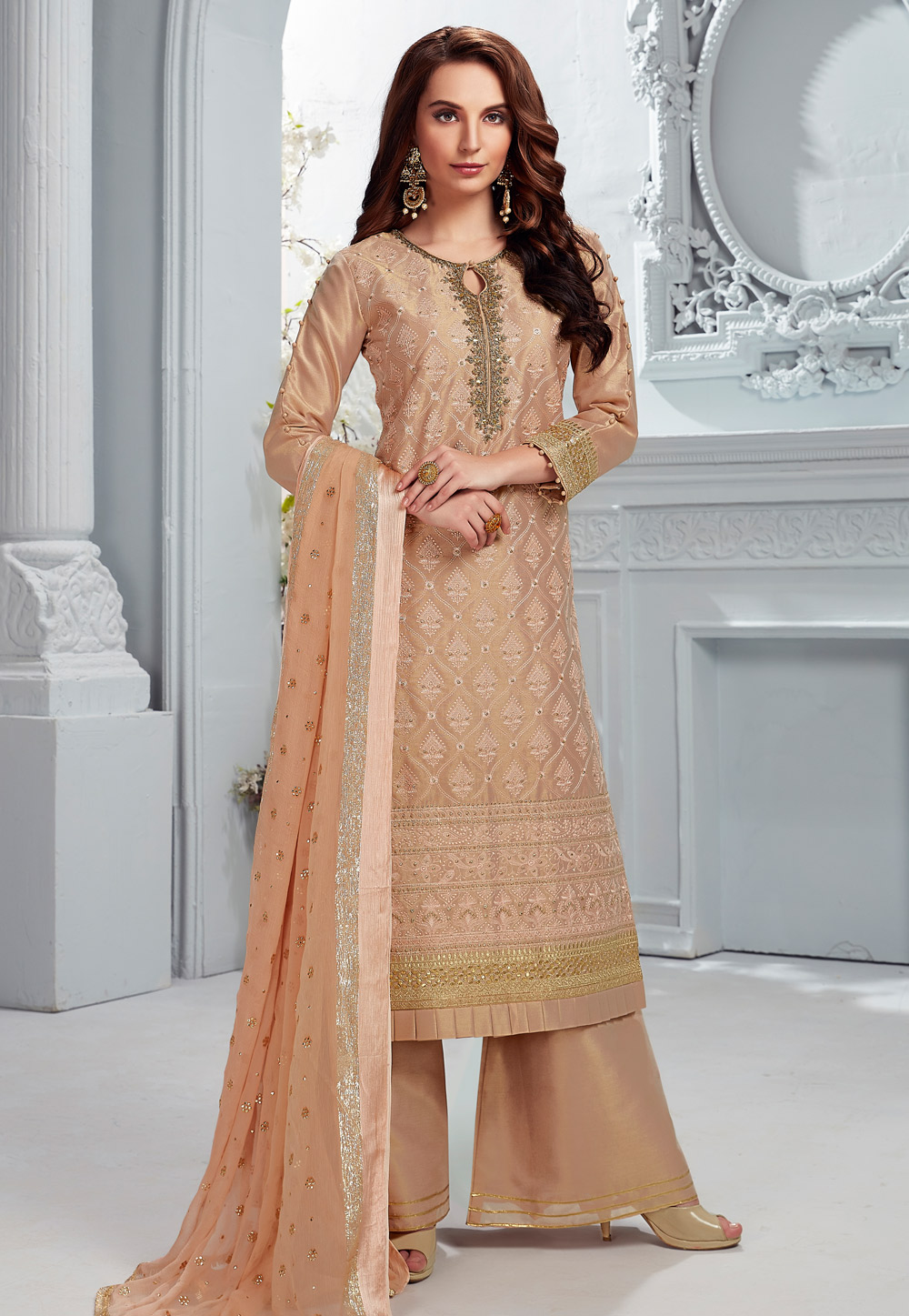 Peach Tissue Readymade Kameez With Palazzo 204271