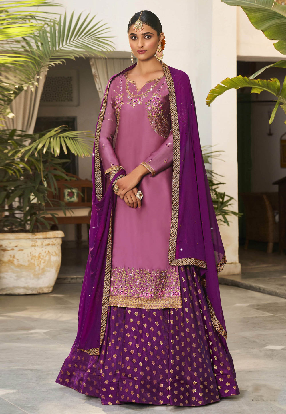 Purple Jacquard Embroidered Long Choli Lehenga 241512