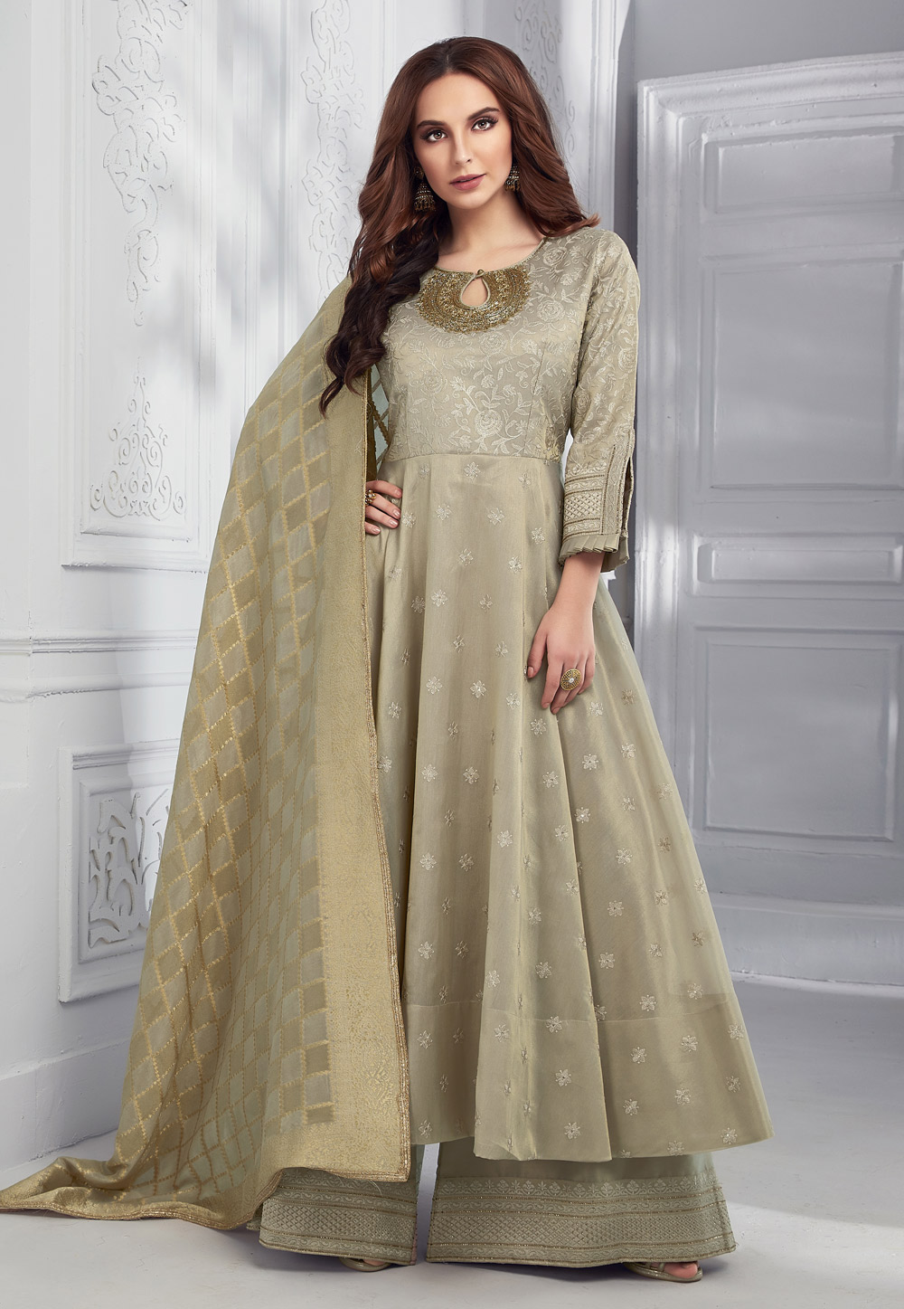 Beige Tissue Readymade Kameez With Palazzo 204275
