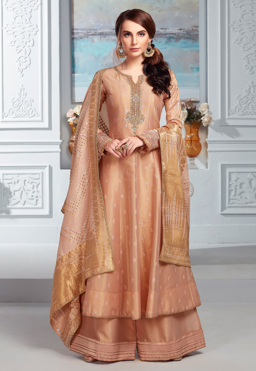 Peach Tissue Readymade Palazzo Suit 204276