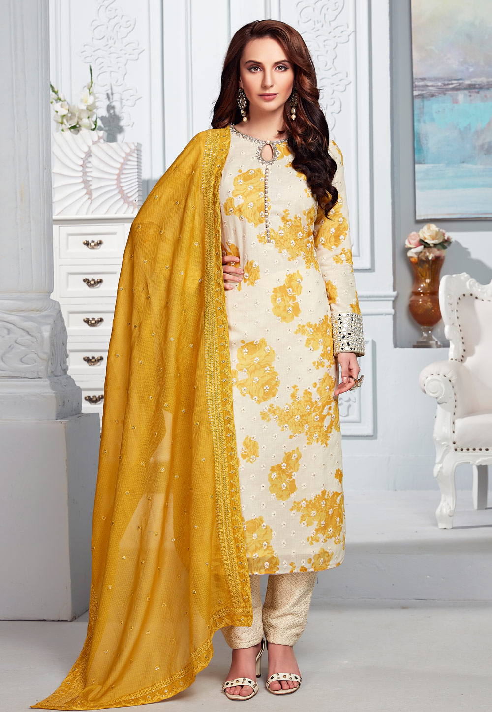 Off White Chanderi Silk Readymade Pant Style Suit 204277
