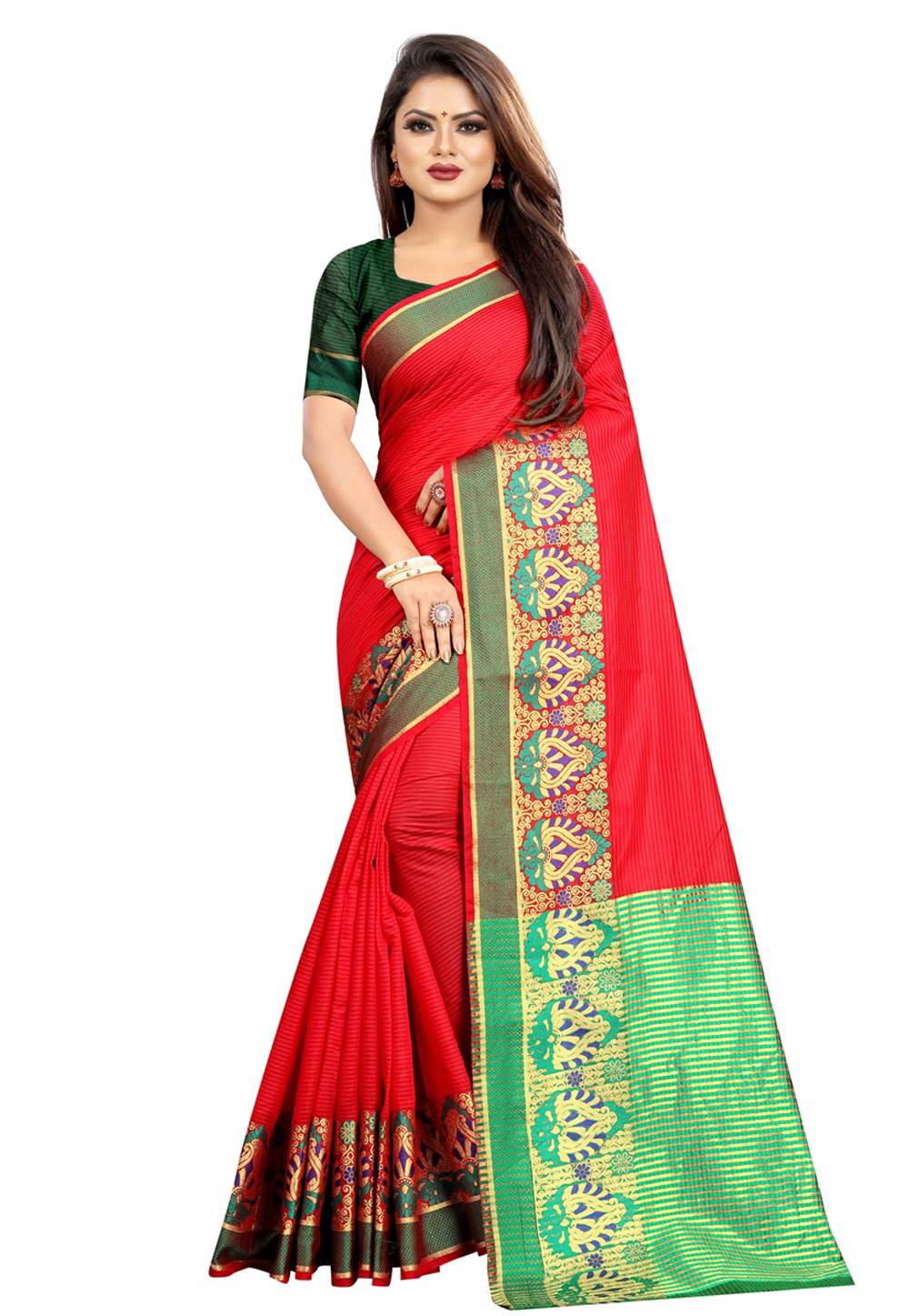 Red Cotton Saree With Blouse 195623