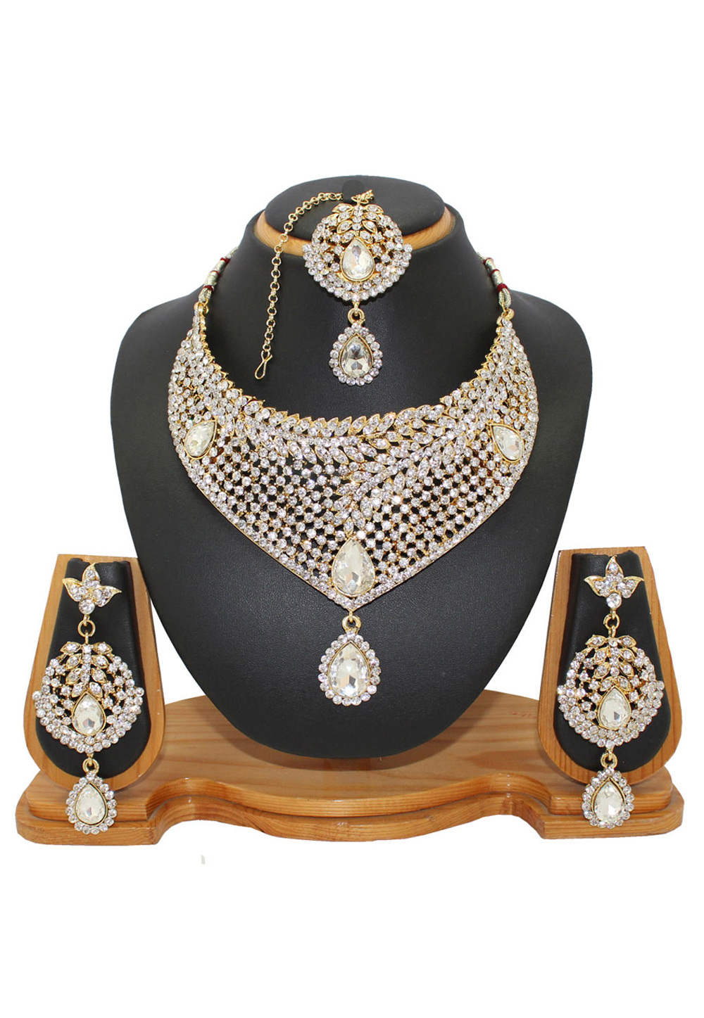 White Zinc Austrian Diamonds Necklace With Earrings and Maang Tikka 64344