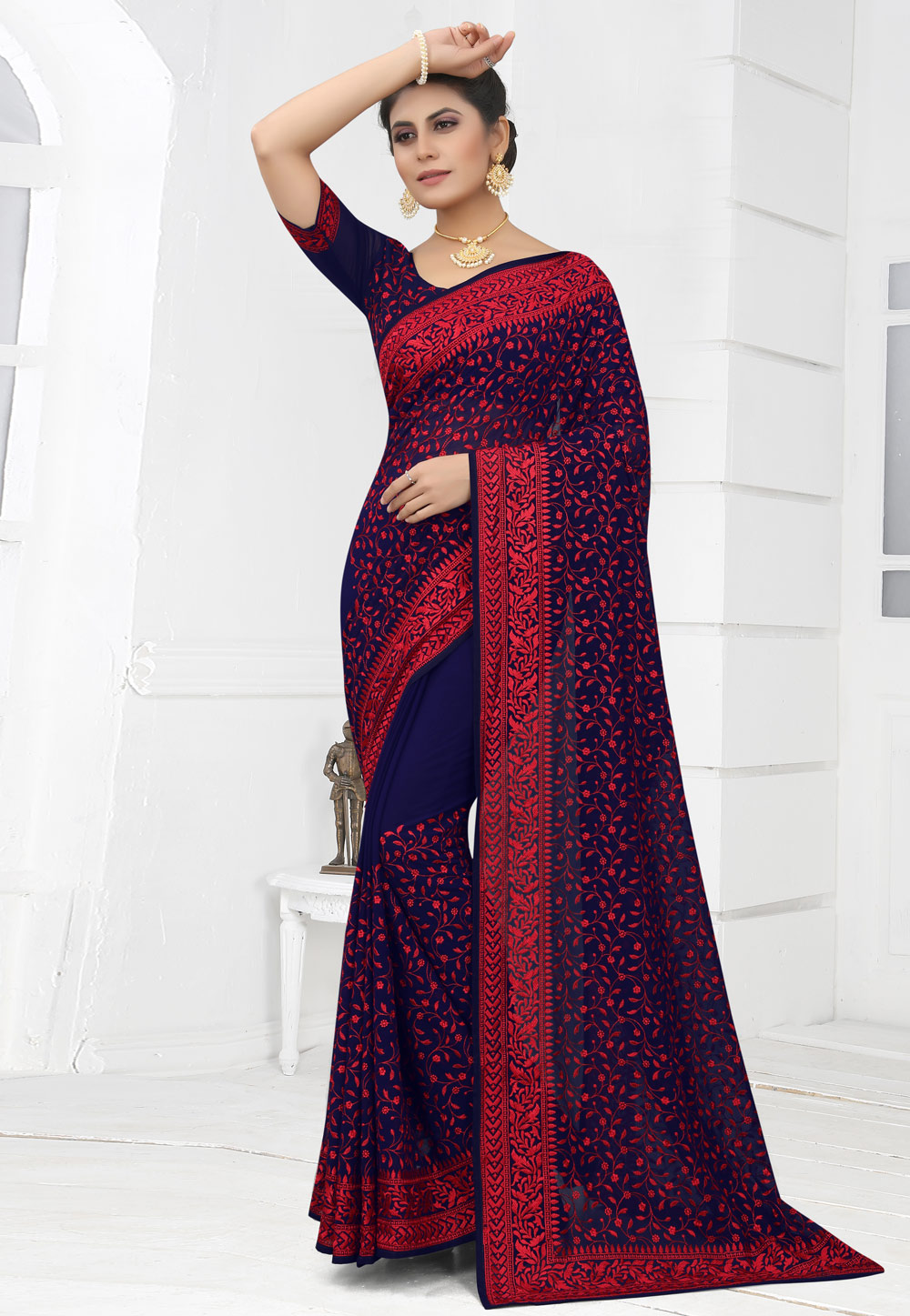 Navy Blue Georgette Saree With Blouse 249210