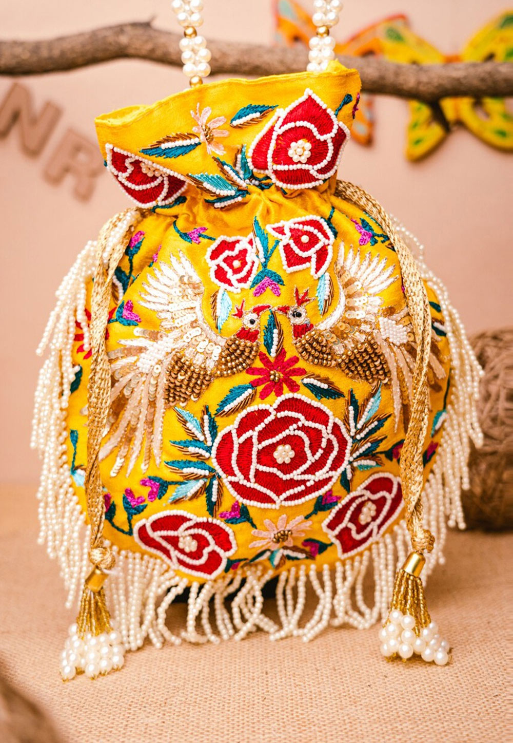 Yellow Art Silk Potli Bag 243829