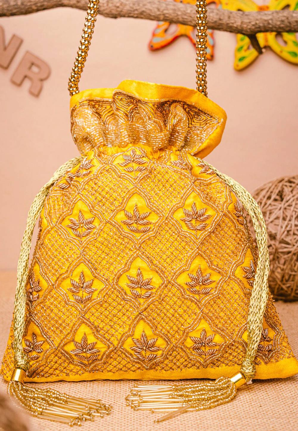 Yellow Art Silk Potli Bag 243840