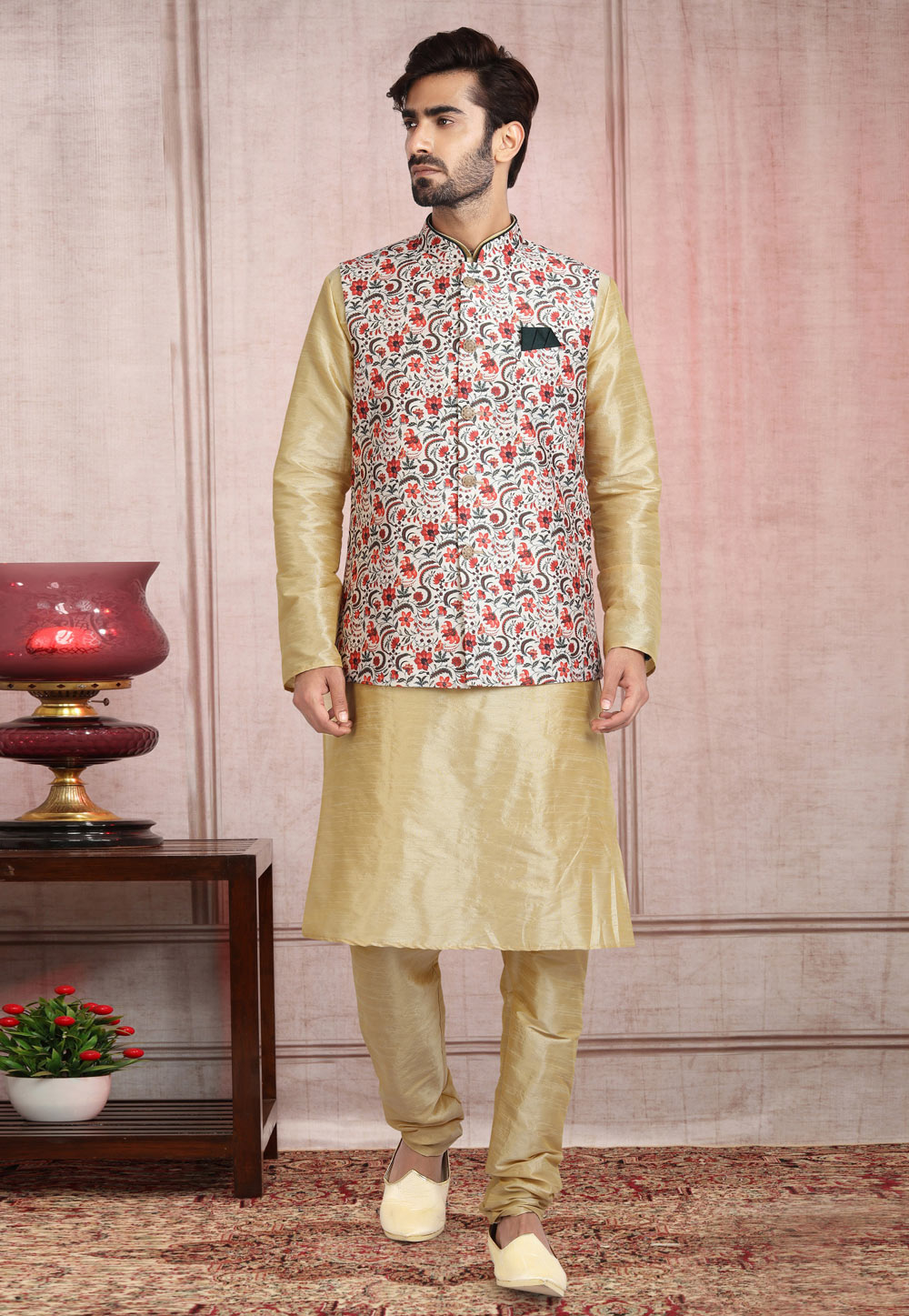 Beige Banarasi Silk Kurta Pajama With Jacket 240657