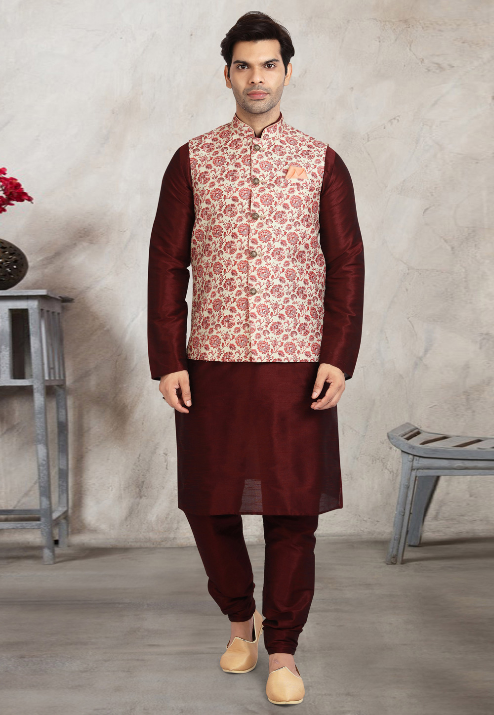 Maroon Banarasi Silk Kurta Pajama With Jacket 240660