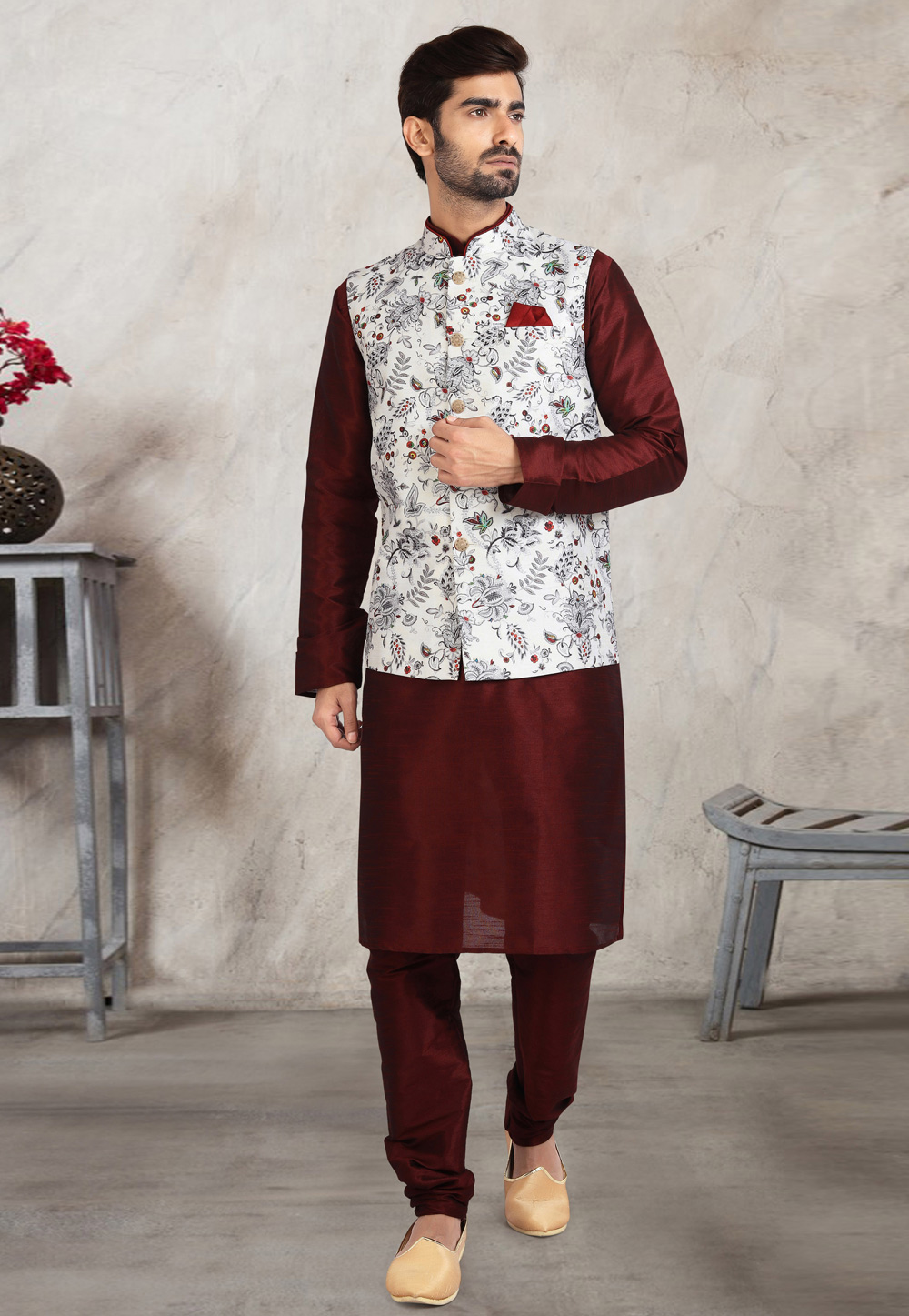 Maroon Banarasi Silk Kurta Pajama With Jacket 240661