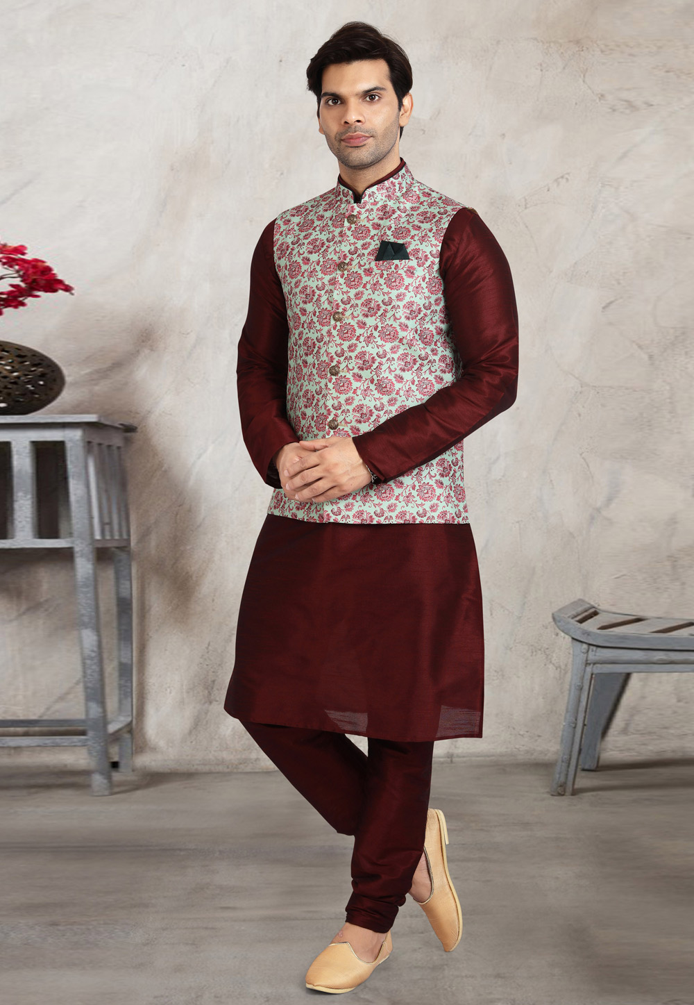 Maroon Banarasi Silk Kurta Pajama With Jacket 240662