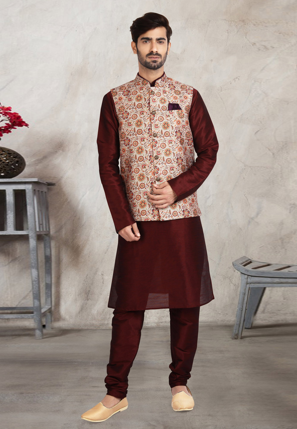 Maroon Banarasi Silk Kurta Pajama With Jacket 240663