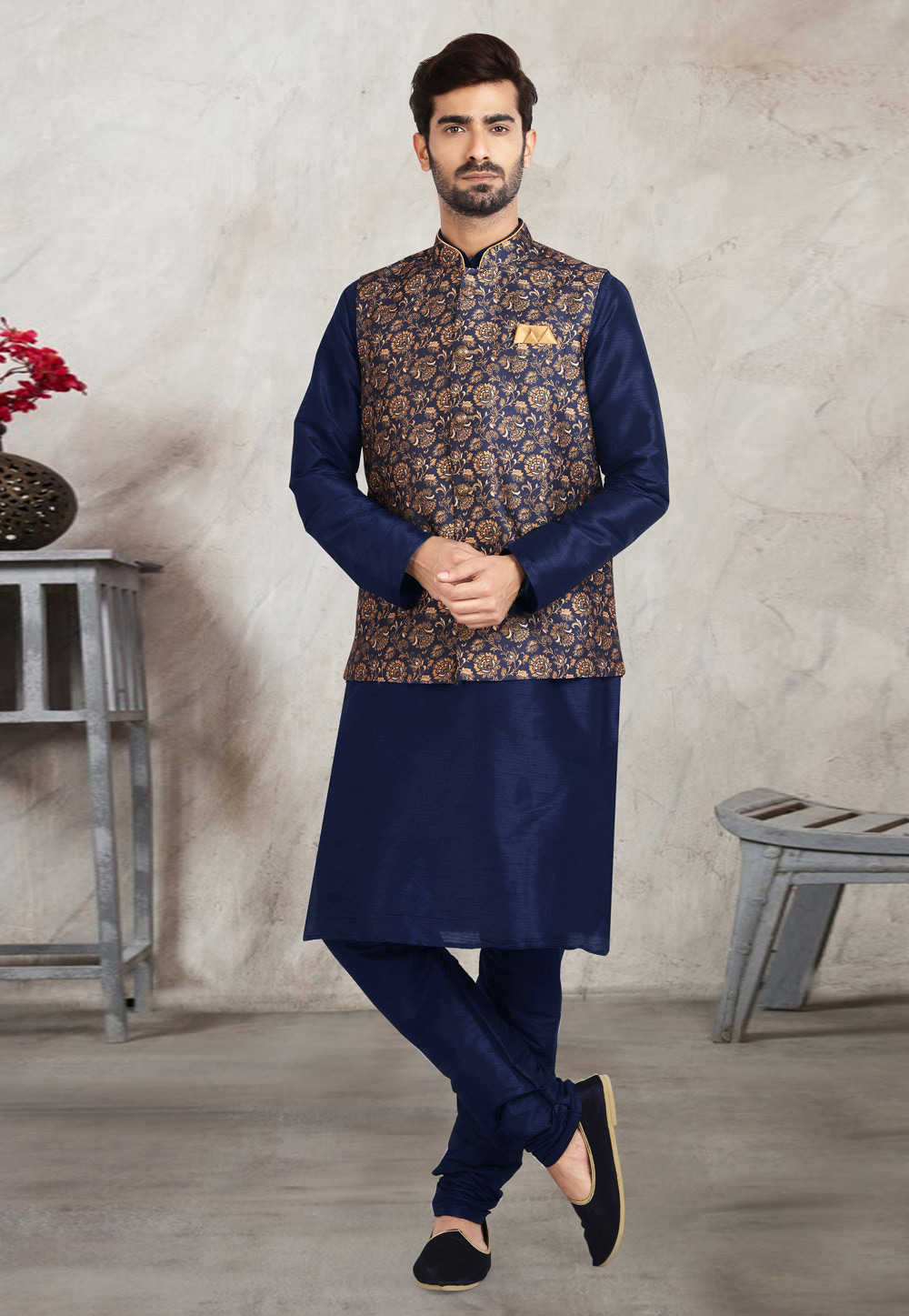 Navy Blue Banarasi Silk Kurta Pajama With Jacket 240667