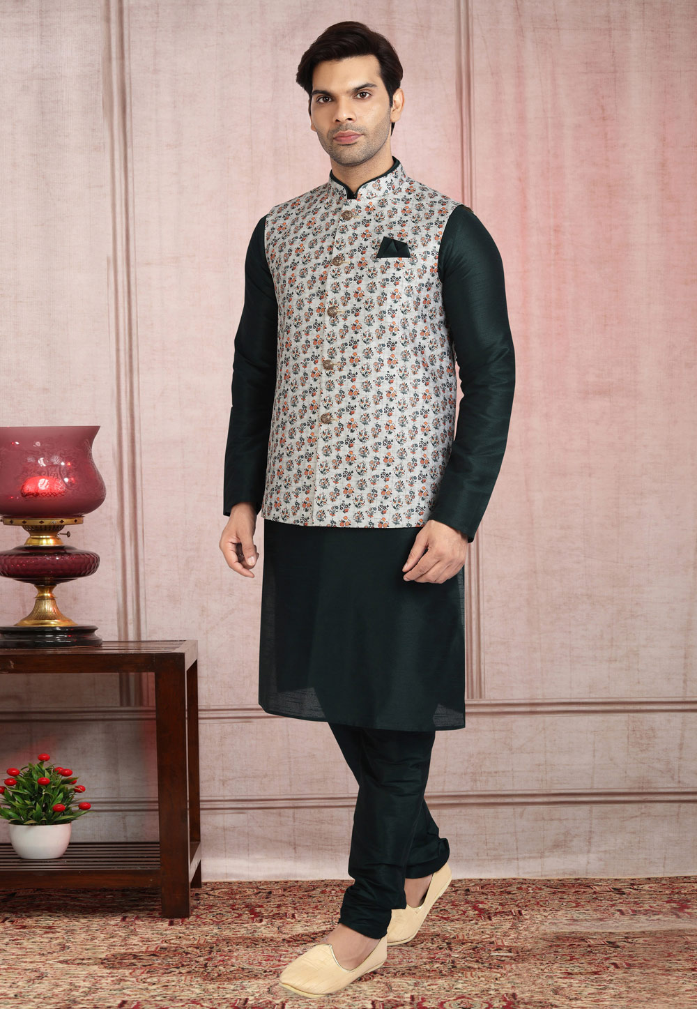 Festive Wear Off White And Black Jacquard And Silk Occasion Wear Pathani  Set With Jacket For Men With Fancy Work