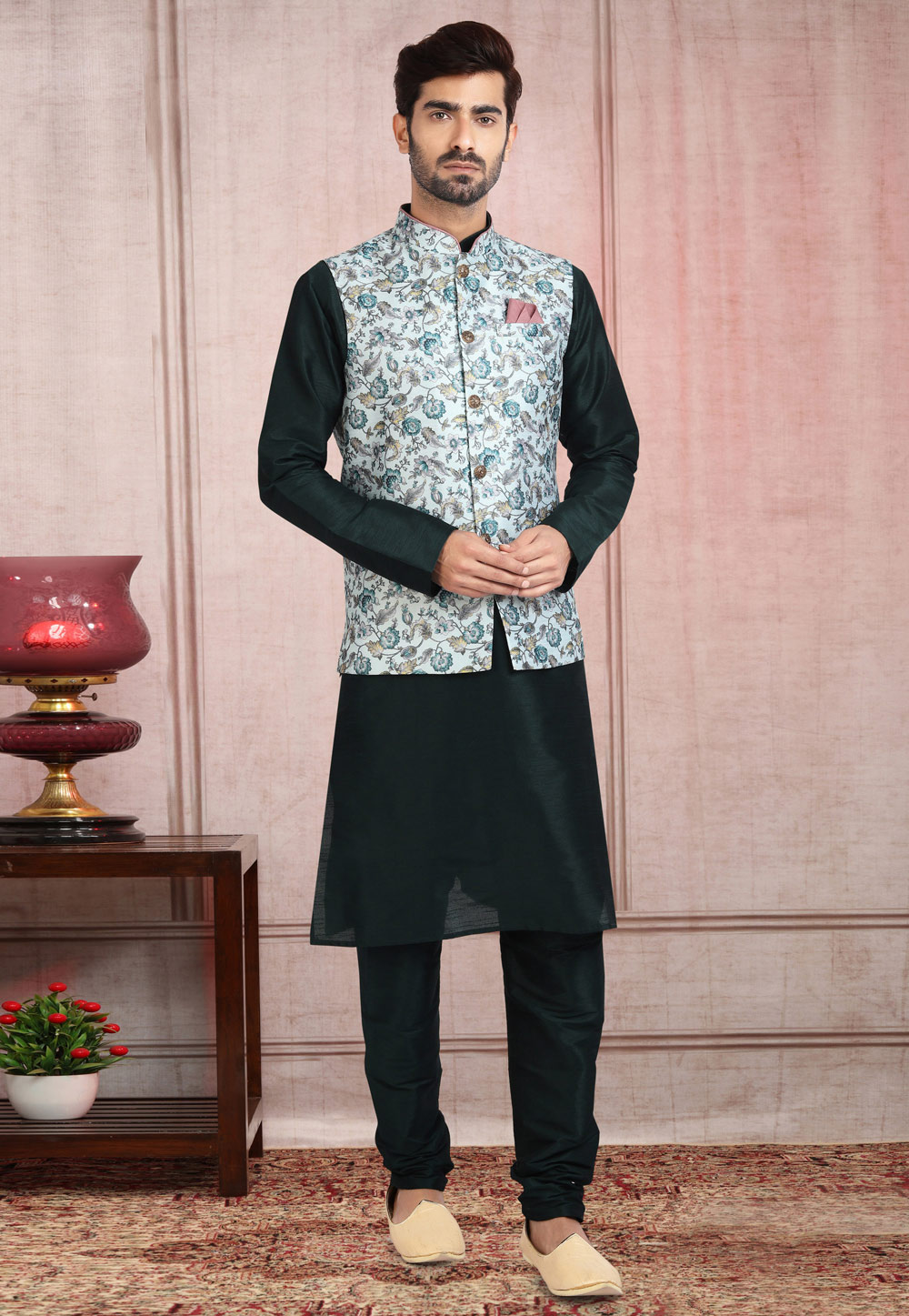 Green Banarasi Silk Kurta Pajama With Jacket 240669