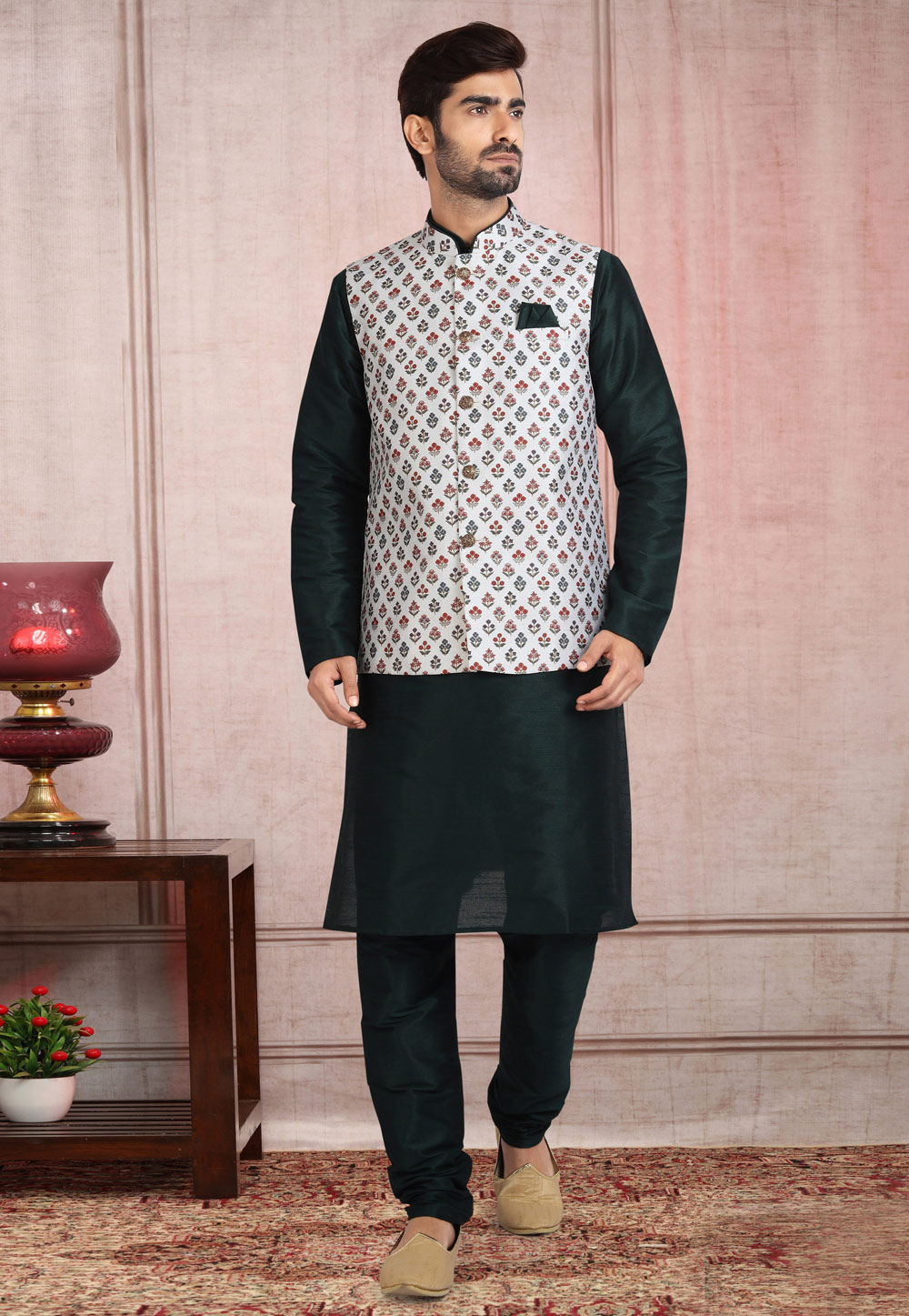 Green Banarasi Silk Kurta Pajama With Jacket 240671