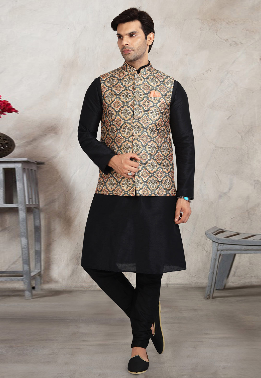 Black Banarasi Silk Kurta Pajama With Jacket 240672