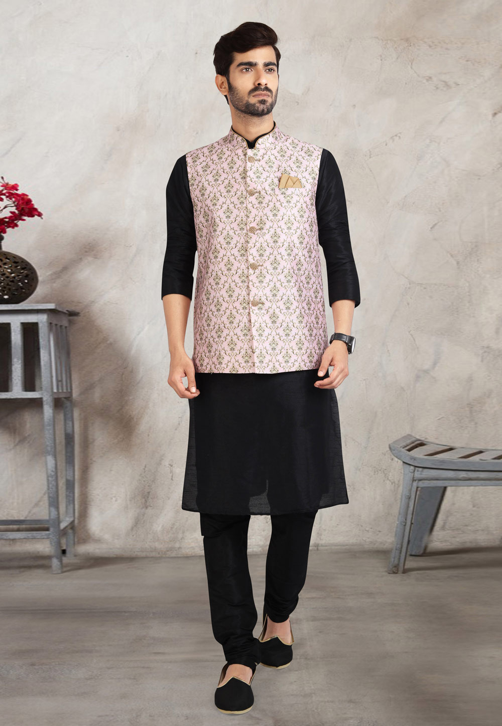 Black Banarasi Silk Kurta Pajama With Jacket 240673
