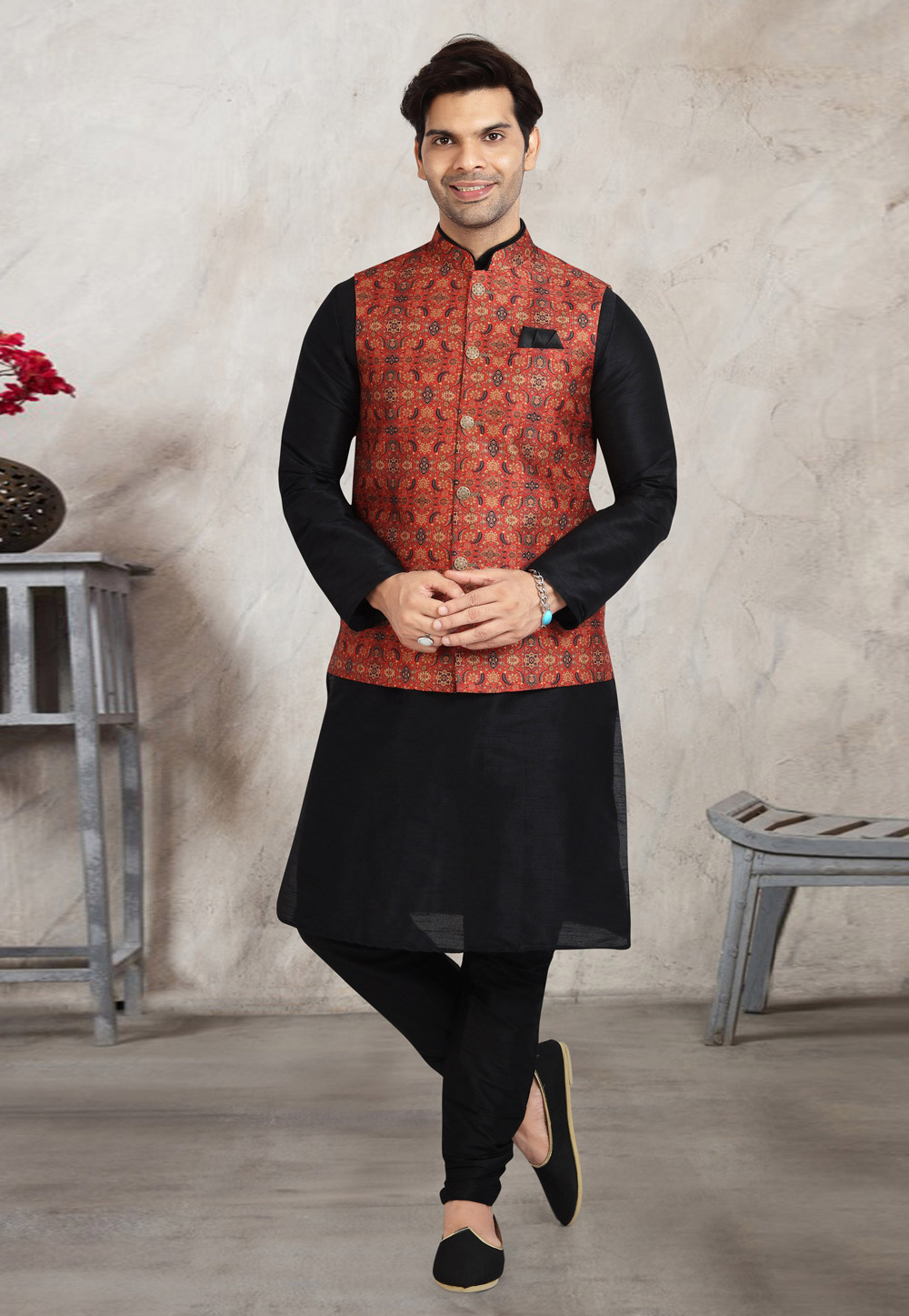 Black Banarasi Silk Kurta Pajama With Jacket 240674