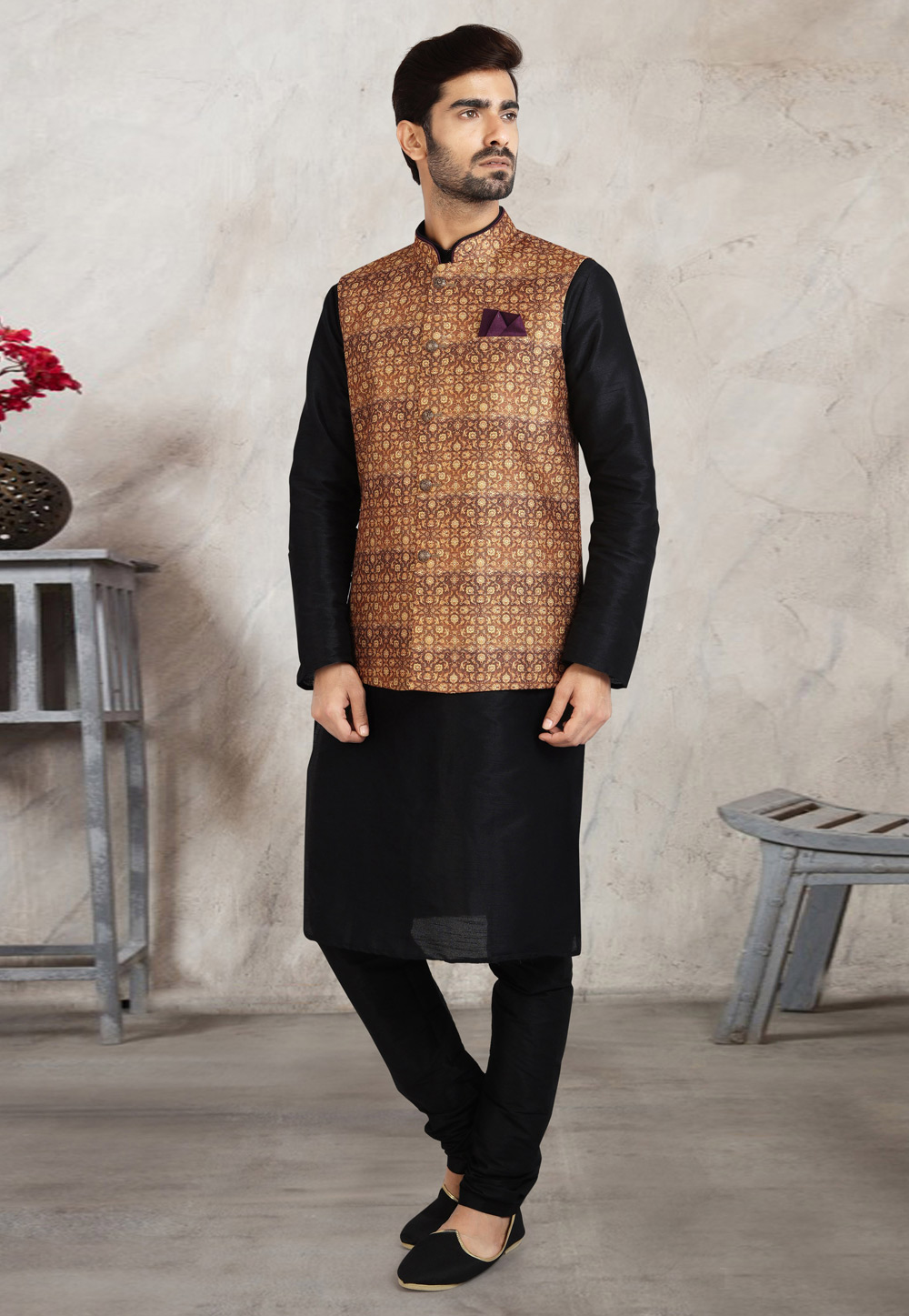 Black Banarasi Silk Kurta Pajama With Jacket 240675