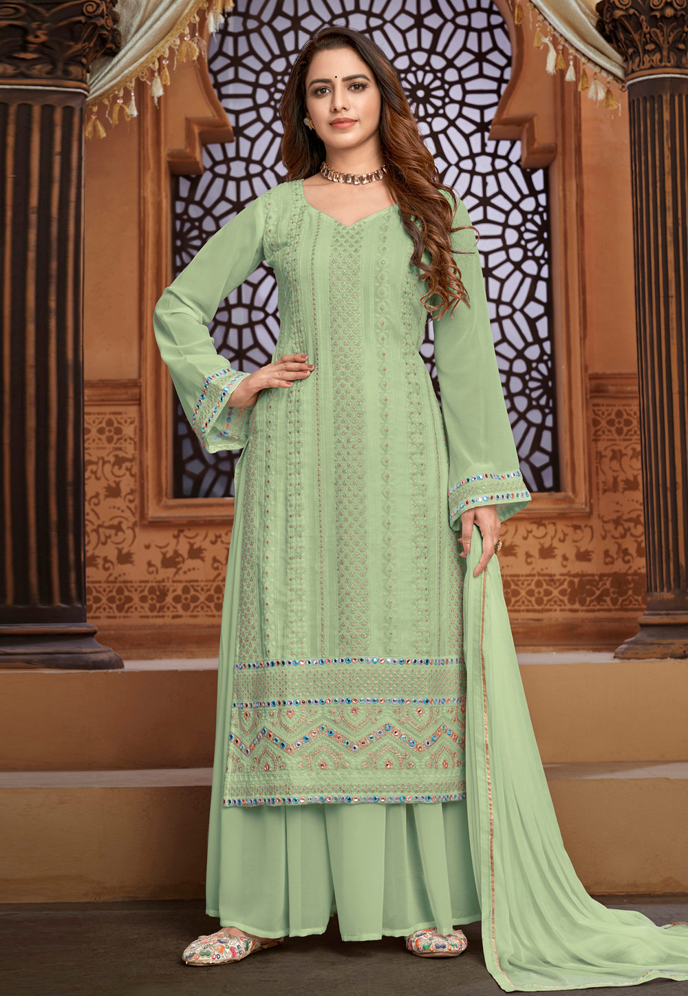 Pista Green Faux Georgette Kameez With Palazzo 236378