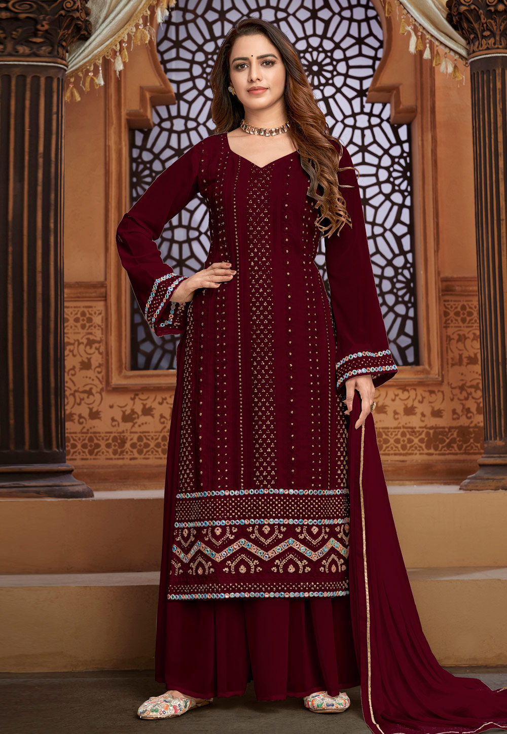 Maroon Faux Georgette Palazzo Suit 236379