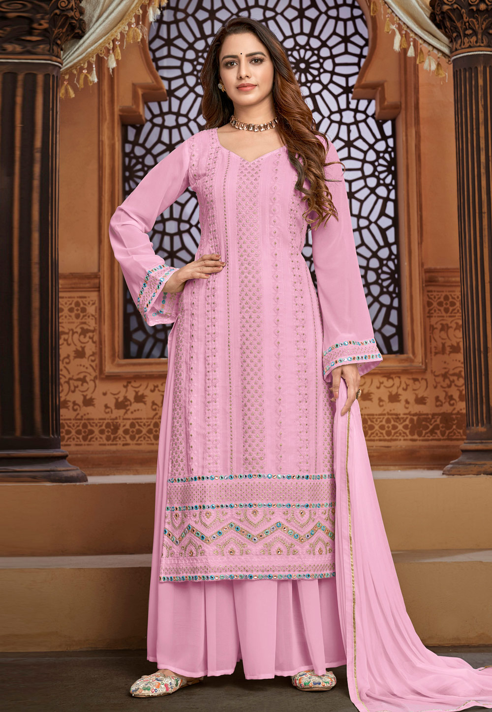 Pink Faux Georgette Kameez With Palazzo 236380