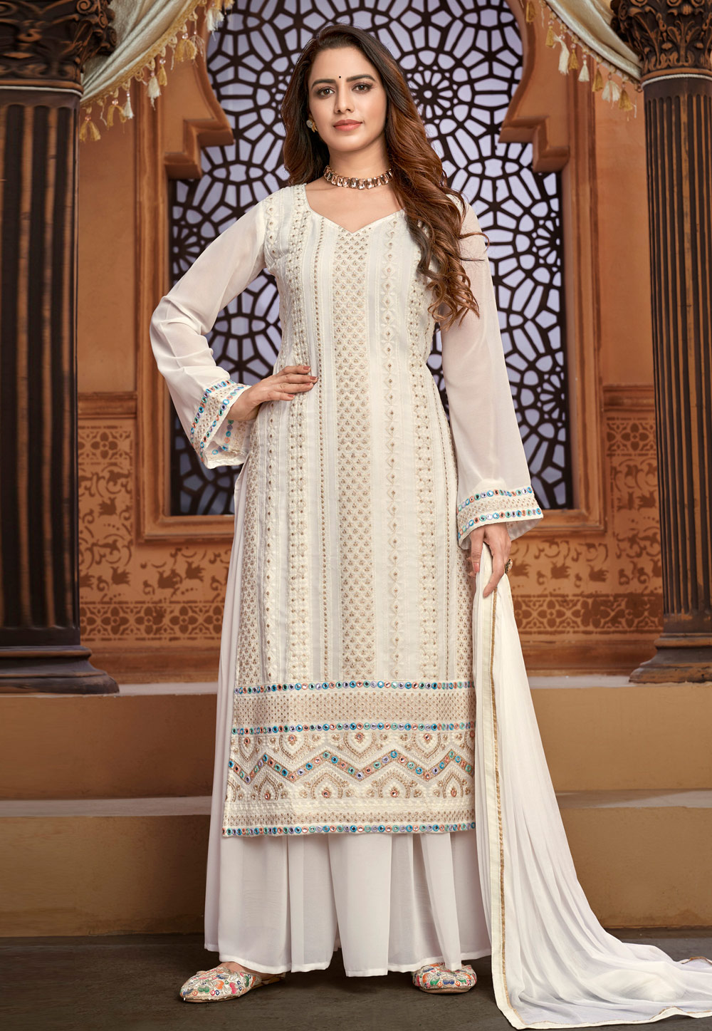 Off White Faux Georgette Kameez With Palazzo 236382
