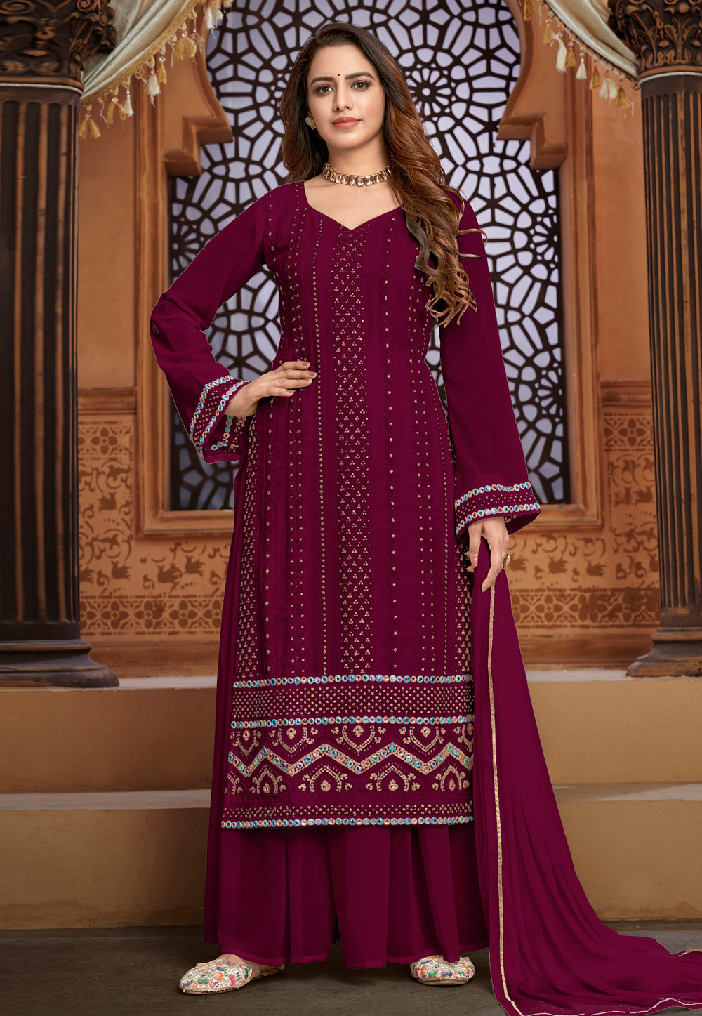 Magenta Faux Georgette Kameez With Palazzo 236384