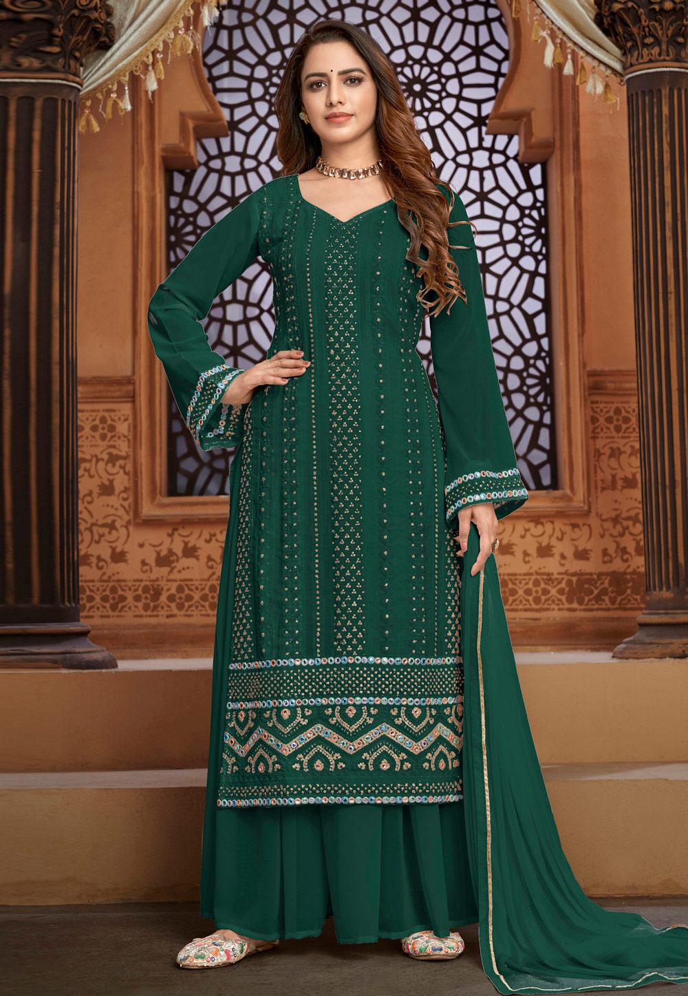 Green Faux Georgette Palazzo Suit 236385