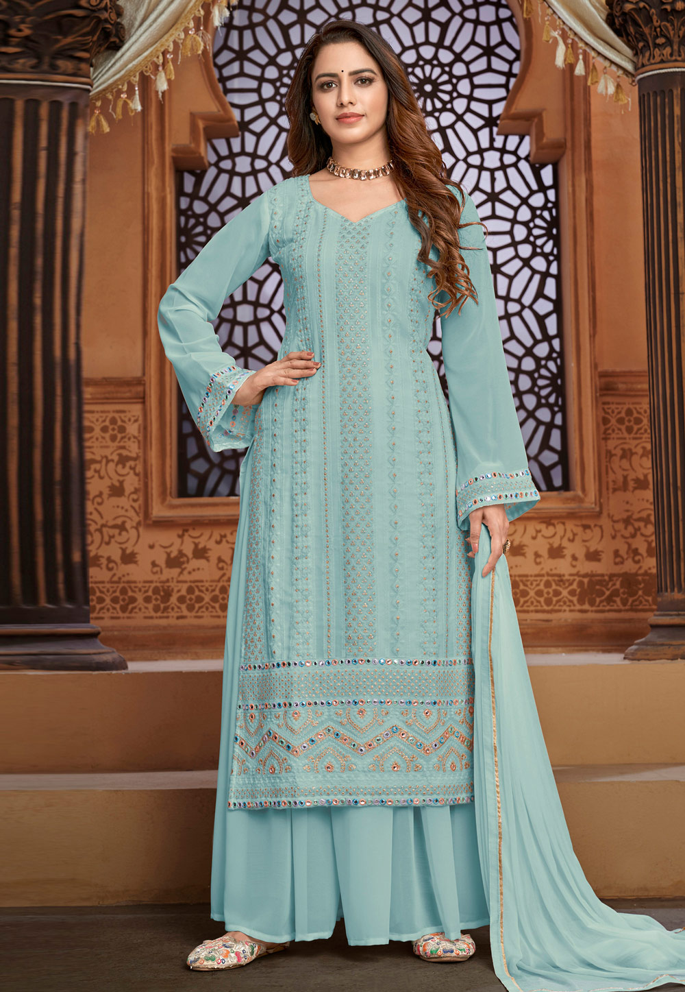 Sky Blue Faux Georgette Kameez With Palazzo 236386