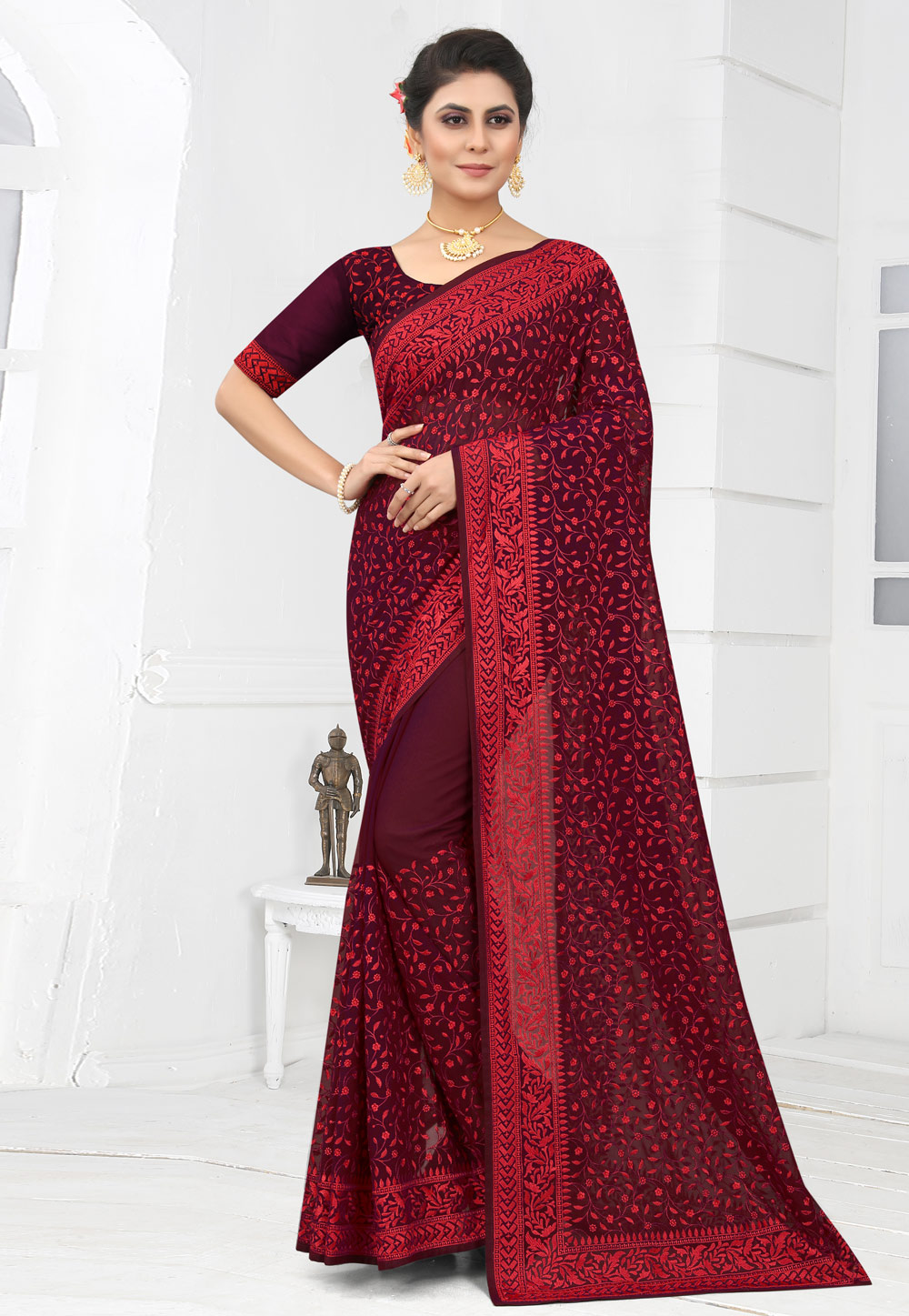 Wine Georgette Saree With Blouse 249212