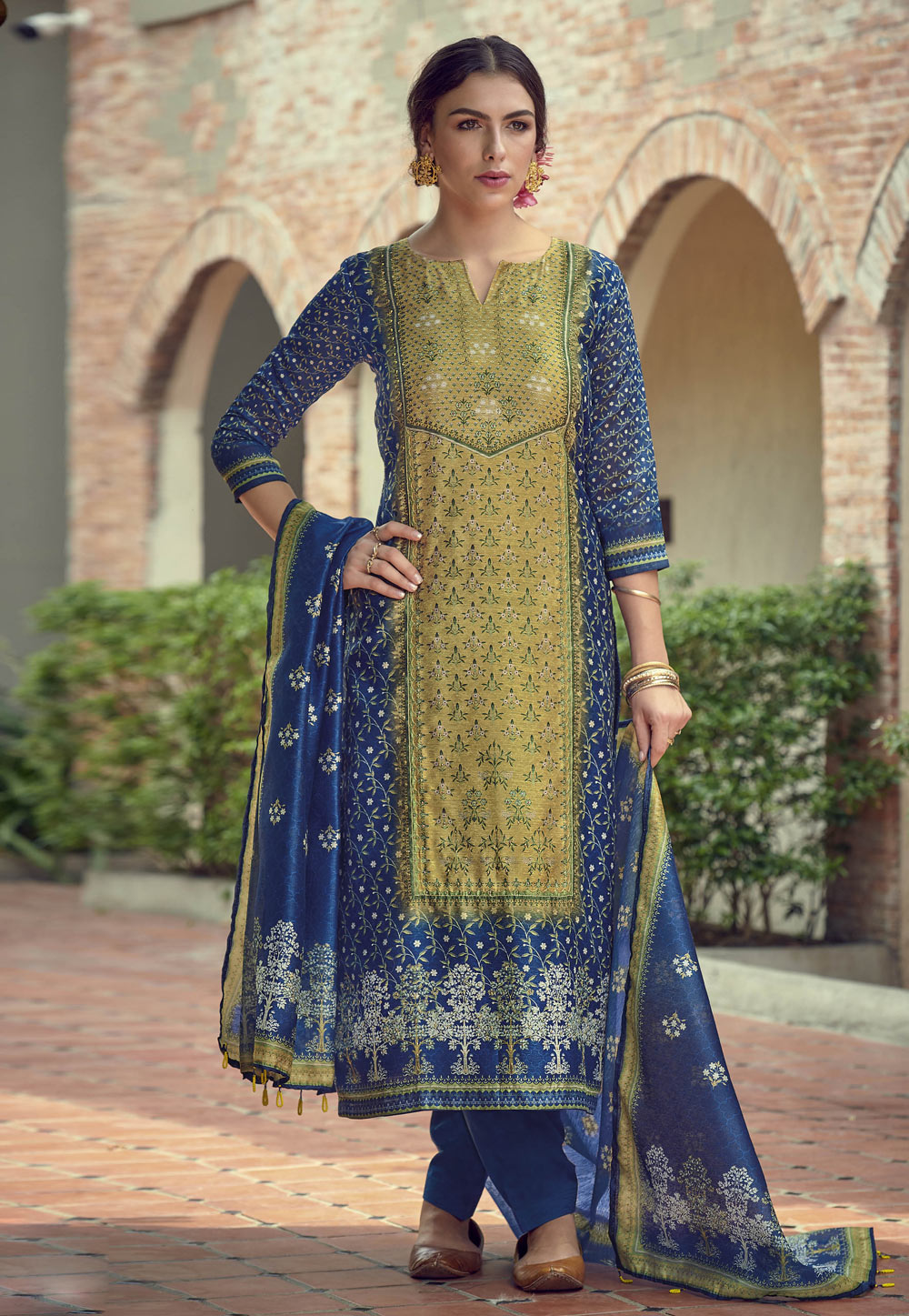 Shaded Green Chanderi Silk Pant Style Suit 204830