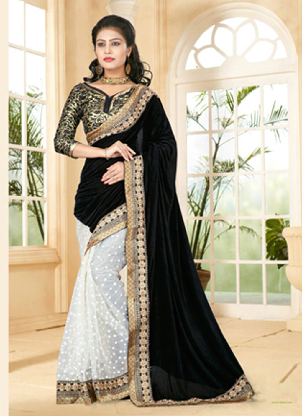 Black Velvet Half and Half Saree With Blouse 60952
