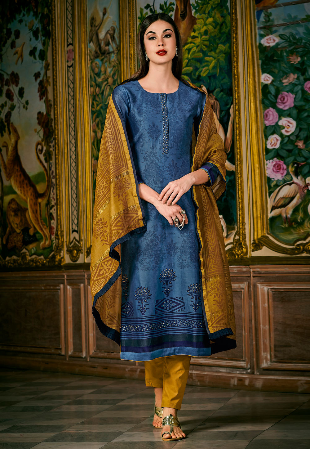 Blue Chanderi Silk Readymade Pant Style Suit 204682