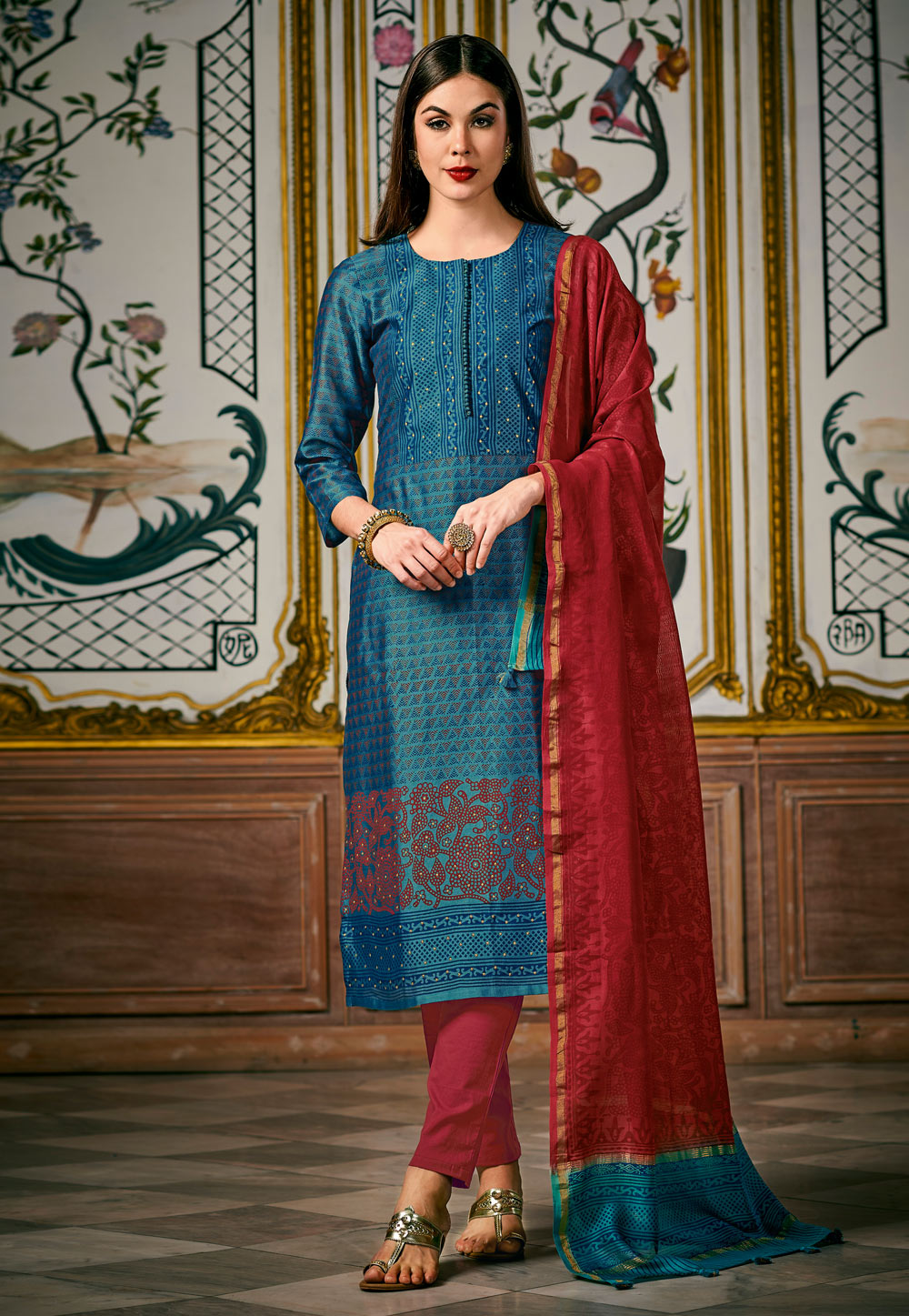 Blue Chanderi Silk Readymade Pant Style Suit 204684